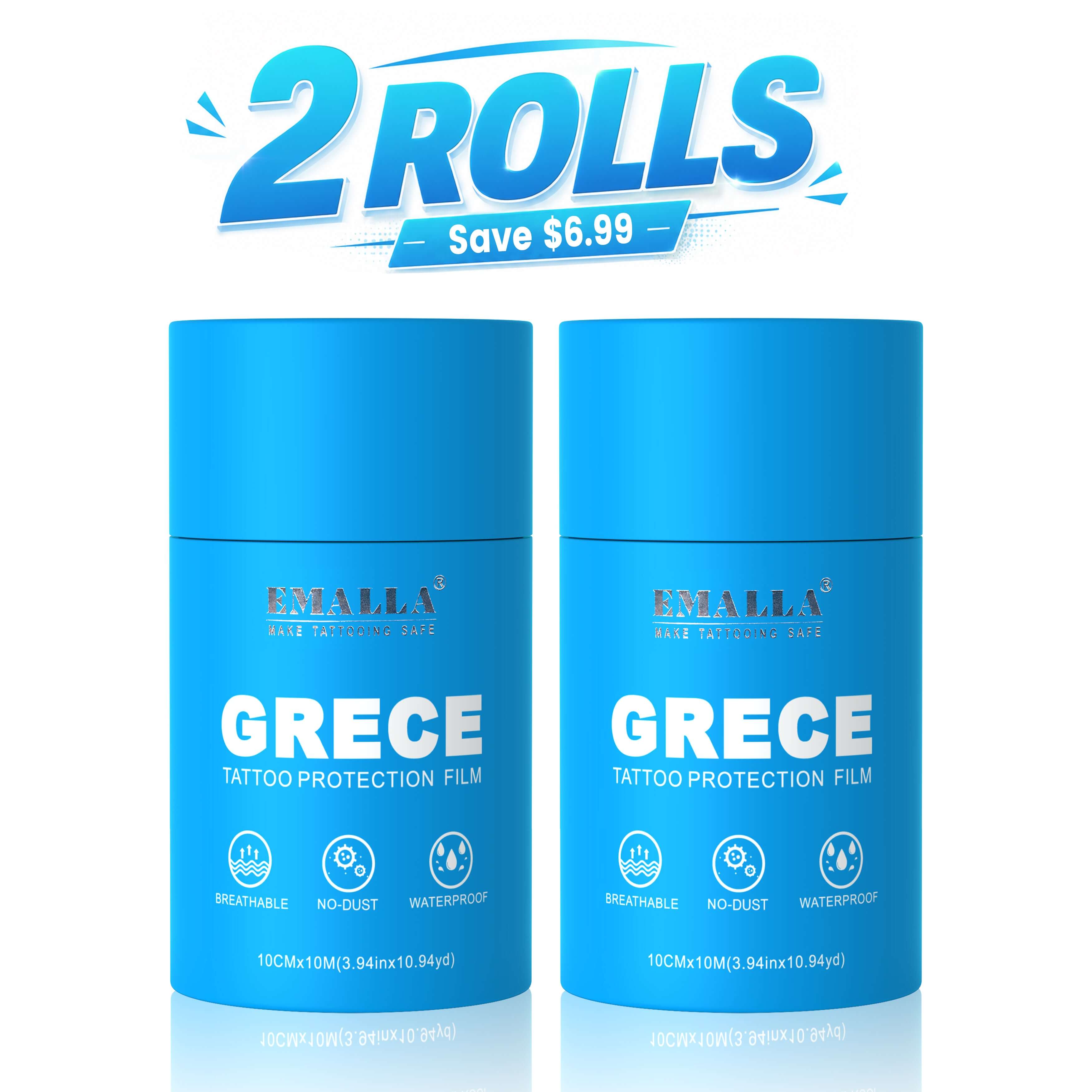 EMALLA GRECE tattoo protection film 2-roll pack, breathable waterproof tattoo aftercare bandage, 0.02mm, 10cm × 10m