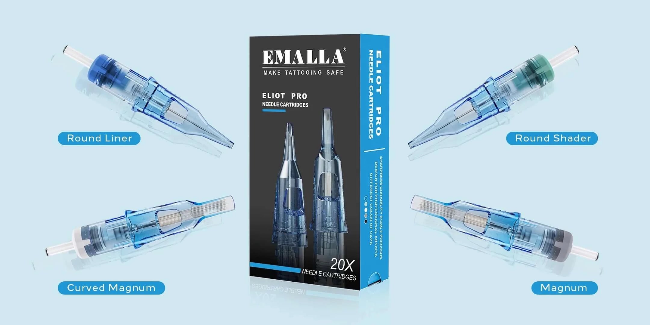EMALLA ELIOT PRO Tattoo Cartridge Needles with four color plugs for different sizes
