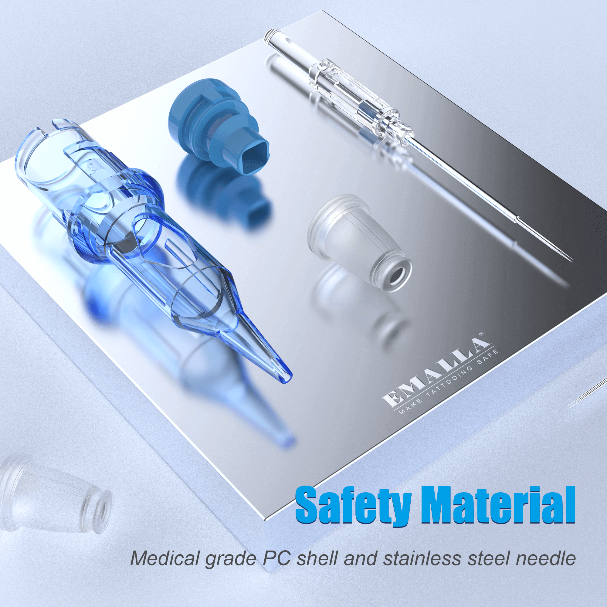 Emalla cartridge needles, close-up showcasing medical grade PC shell and stainless steel needle.