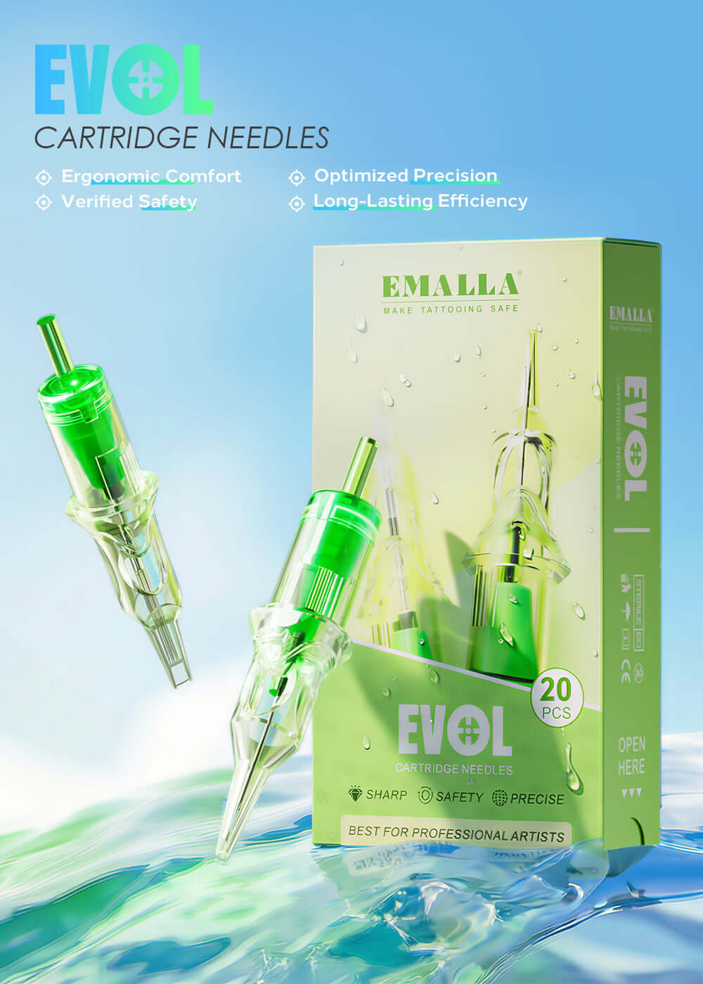 EMALLA EVOL tattoo cartridge needles featuring ergonomic comfort, optimized precision, verified safety, and long-lasting performance