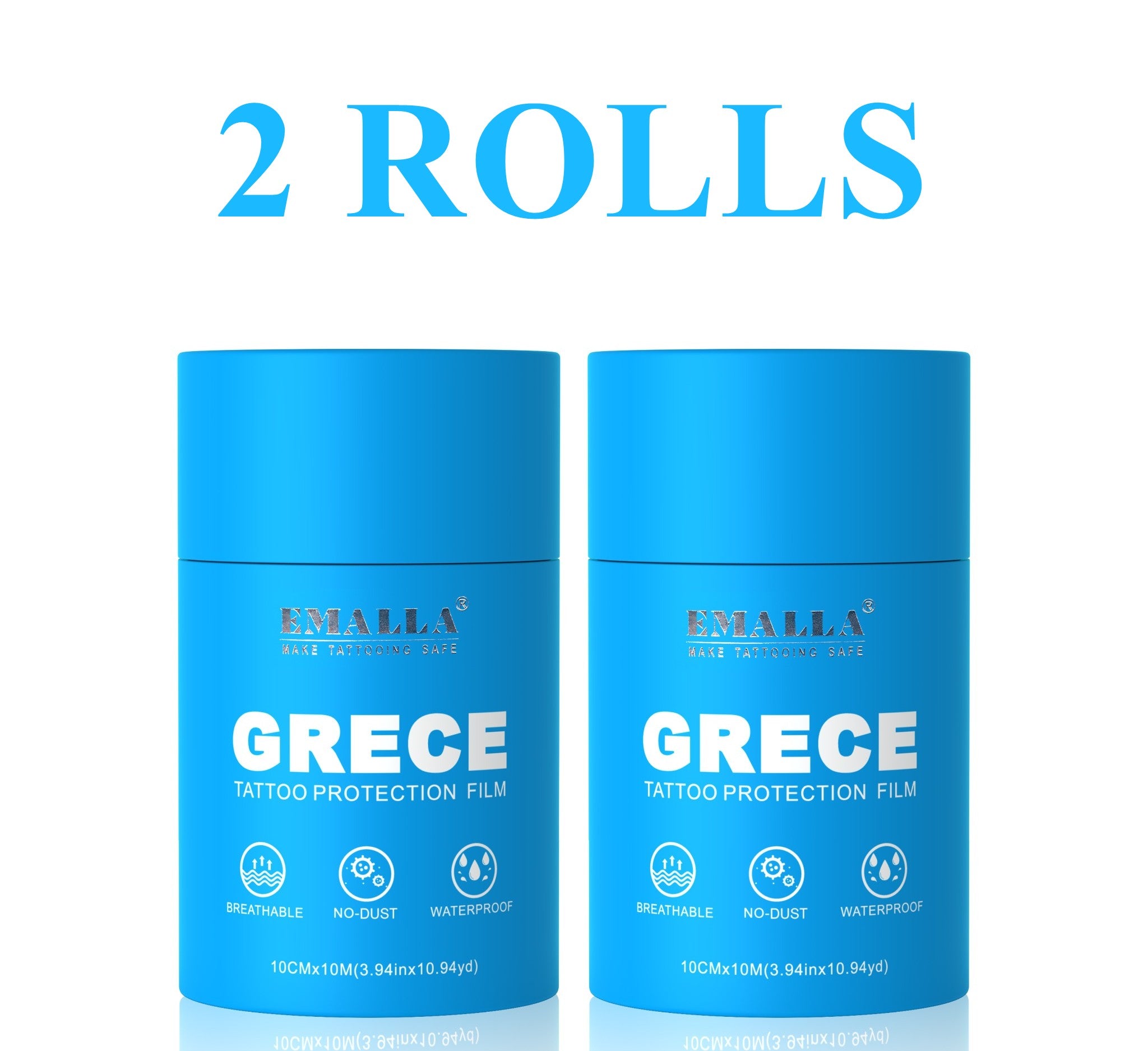 Front view of two rolls of EMALLA Grece protective film (10 cm × 10 m each)
