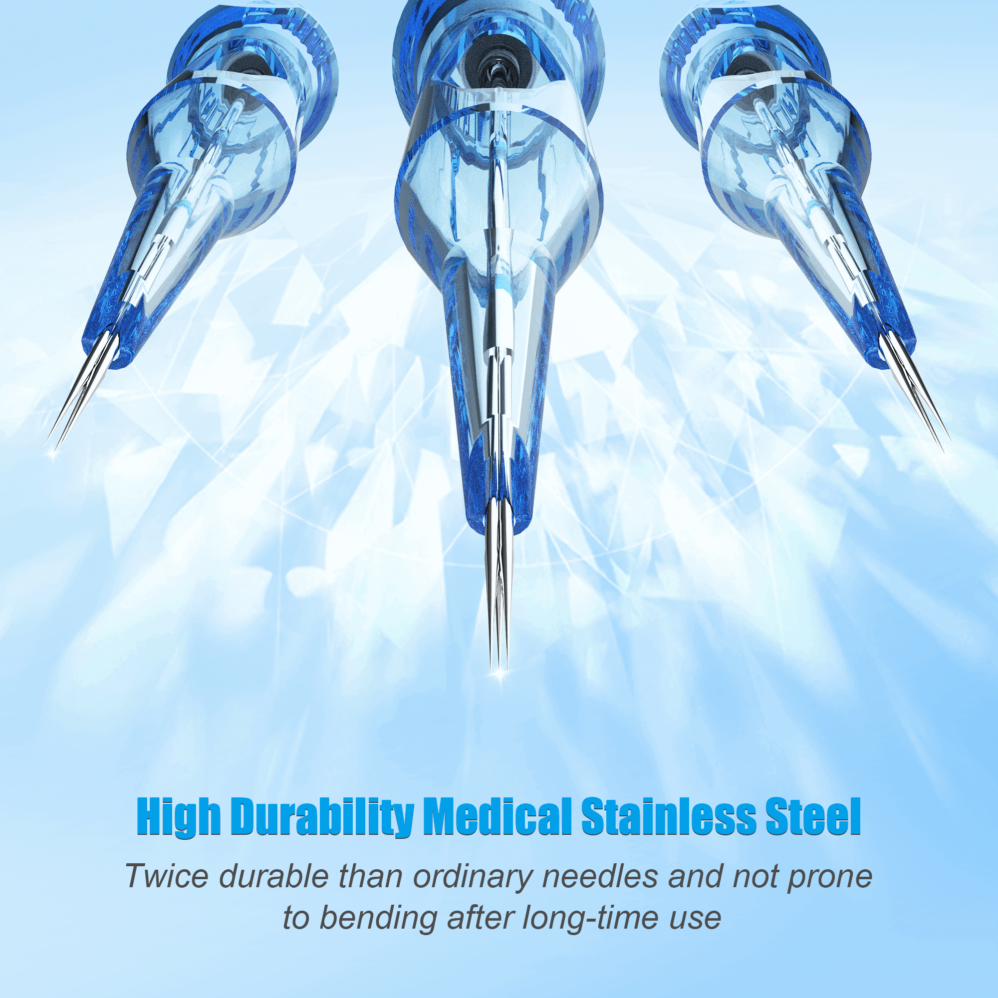 Emalla cartridge needles close-up, featuring its medical stainless steel sharp tip.