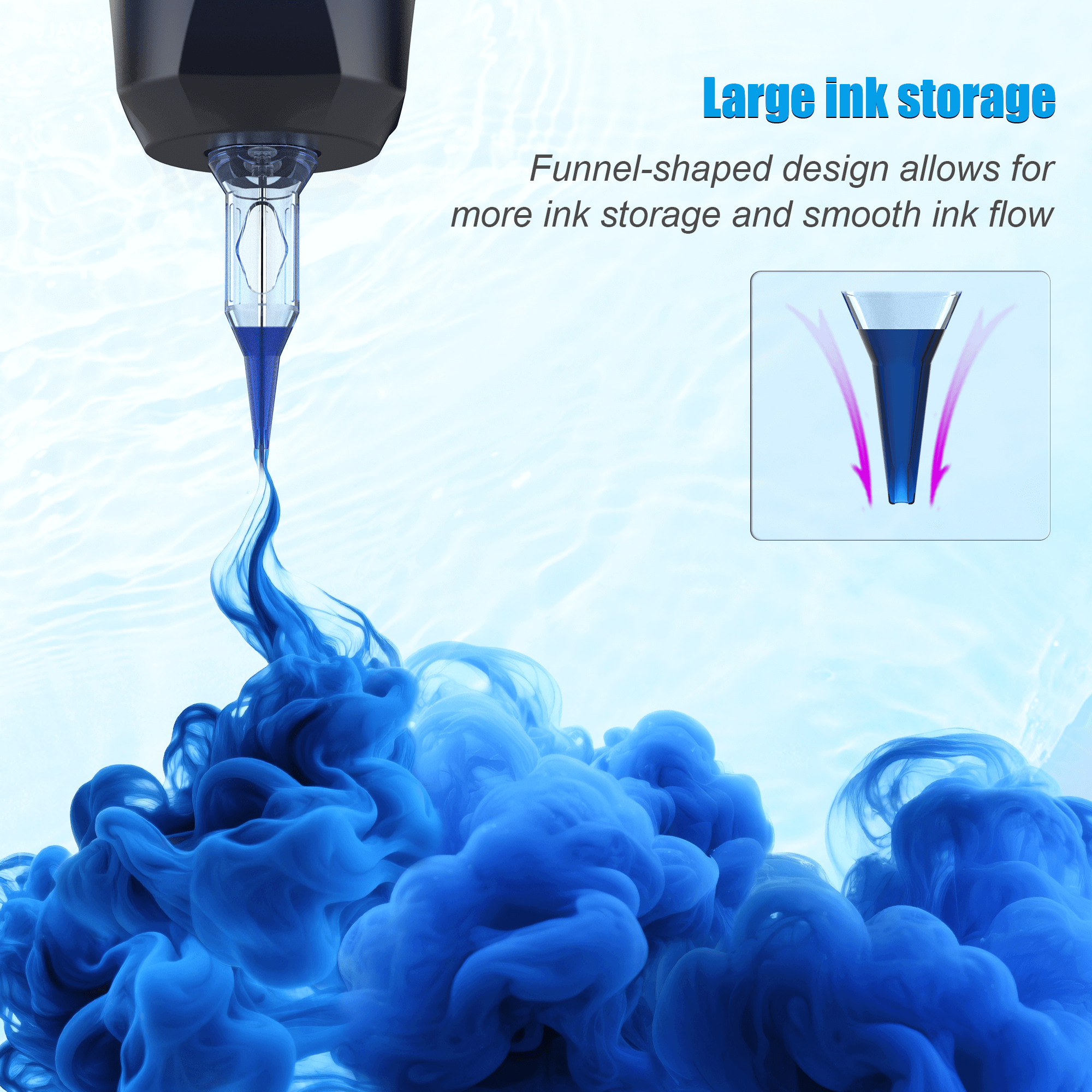 Emalla cartridge needles close-up, showcasing funnel-shaped design for large ink storage and smooth ink flow.