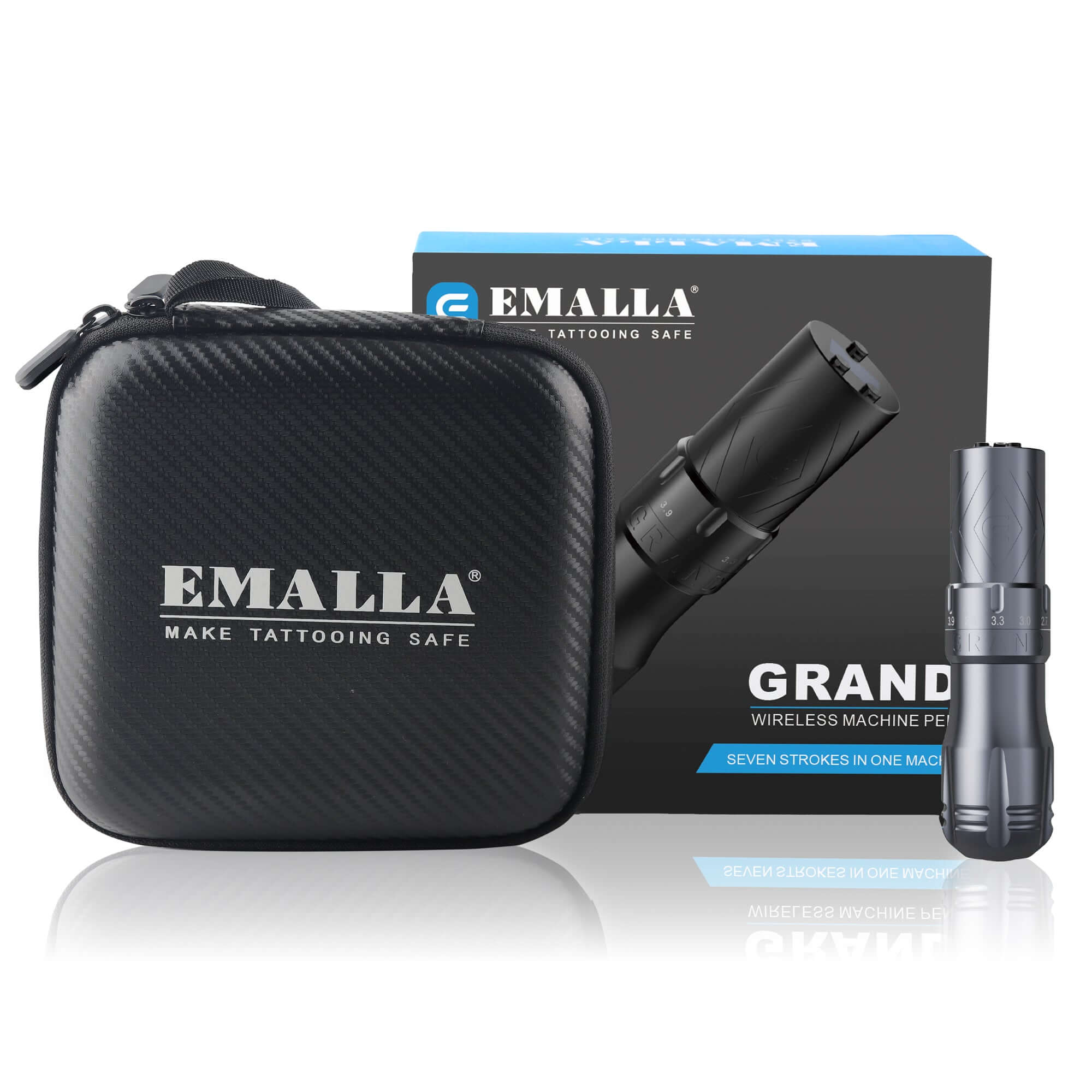 Packeage of EMALLA GRAND Wireless Tattoo Pen Machine (Grey) from front view