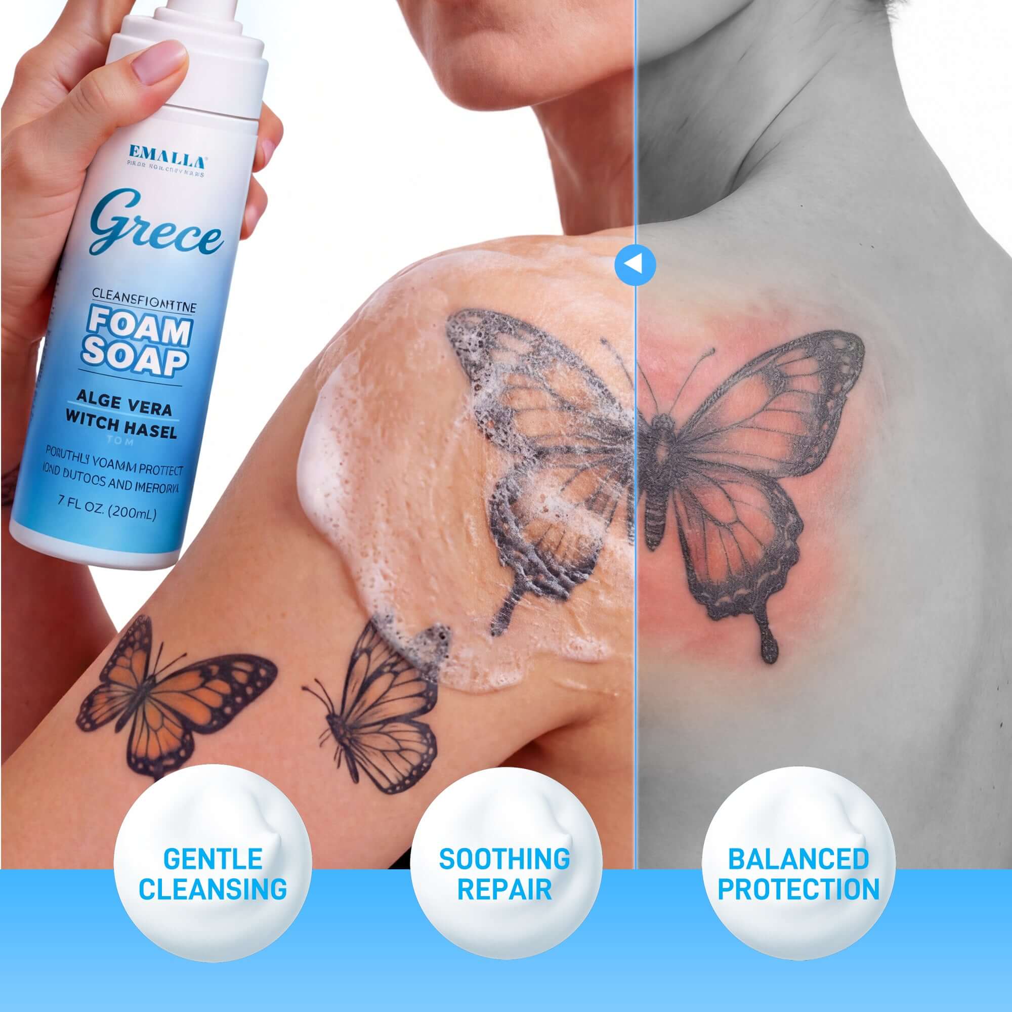 EMALLA Grece tattoo foam soap for gentle tattoo cleansing, soothing repair, and balanced protection with before and after healing comparison