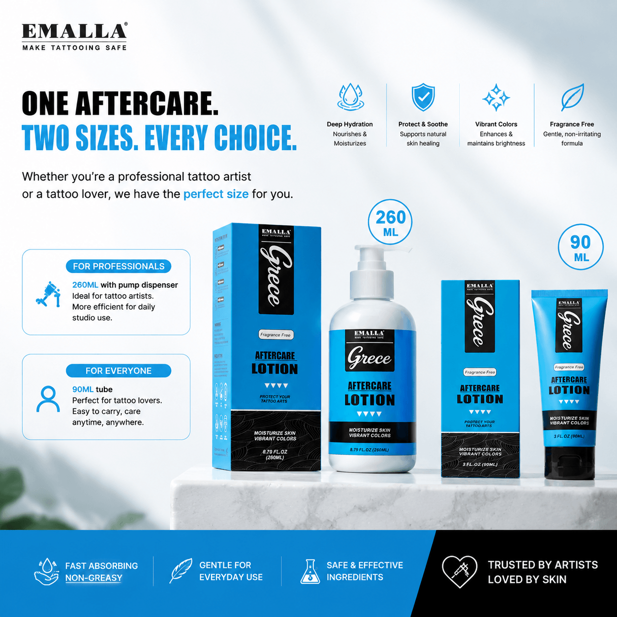 EMALLA Grece tattoo aftercare lotion available in 260ml pump bottle and 90ml tube sizes for professional tattoo care