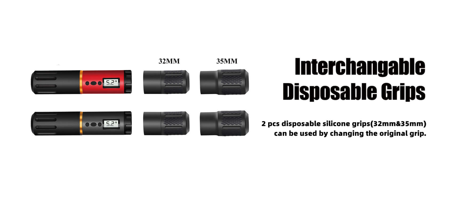 Interchangable disposable silicone grips (32mm and 35mm) of EMALLA EAGE Wireless Tattoo Pen Machine