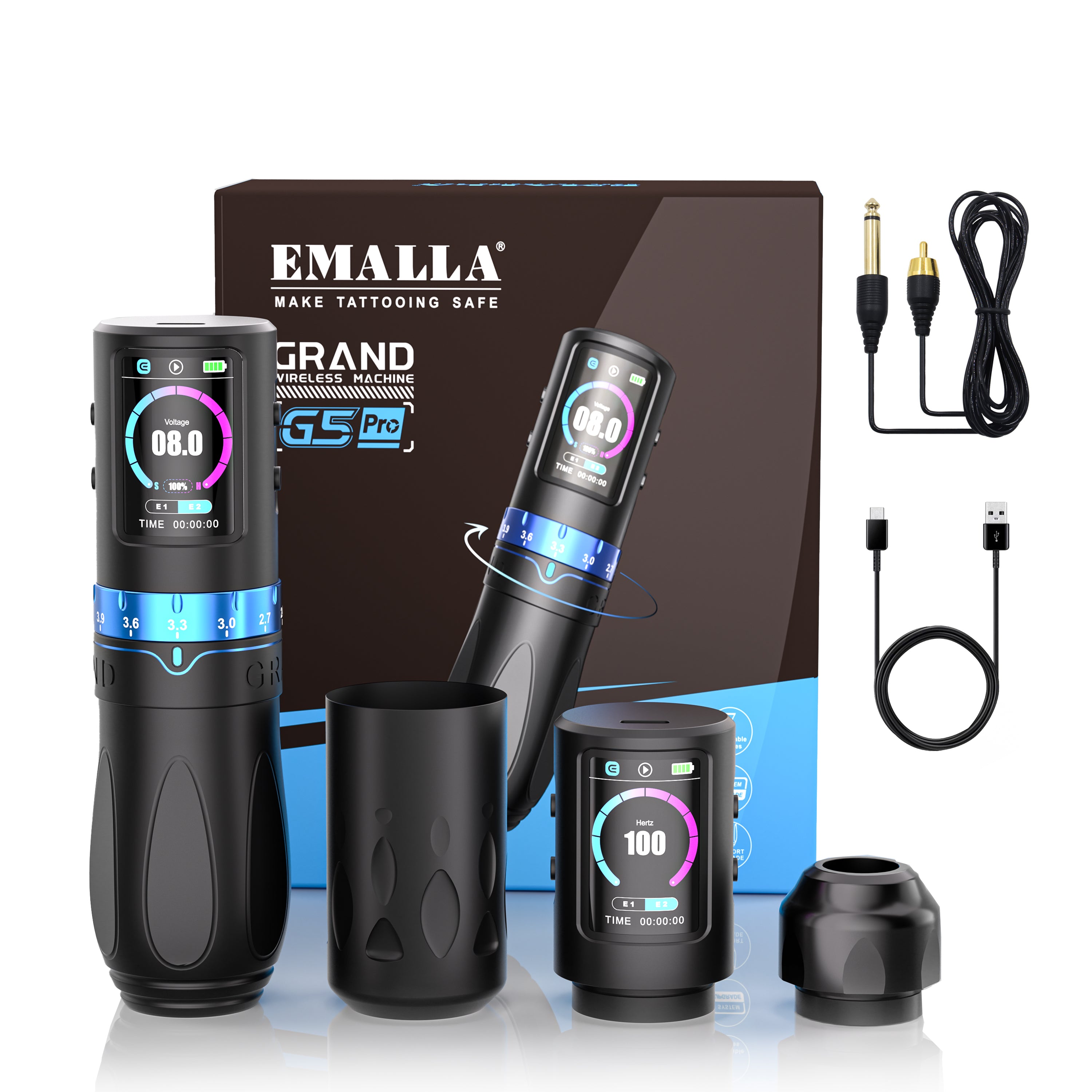 Emalla Grand G5 Pro wireless tattoo pen machine with two power supplies and two grips