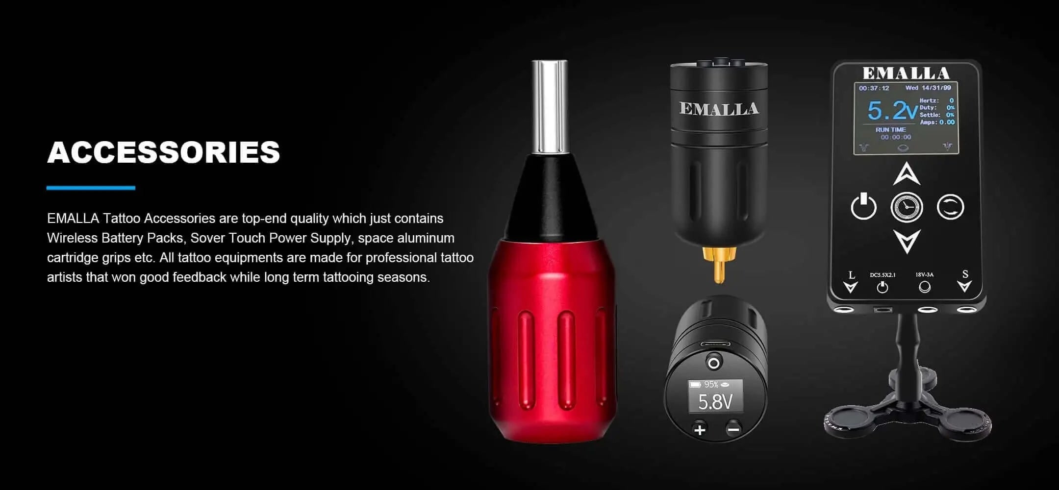 Introduction of Emalla Tattoo Accessories with background of aluminum cartridge grip, wireless battery and tattoo power supply