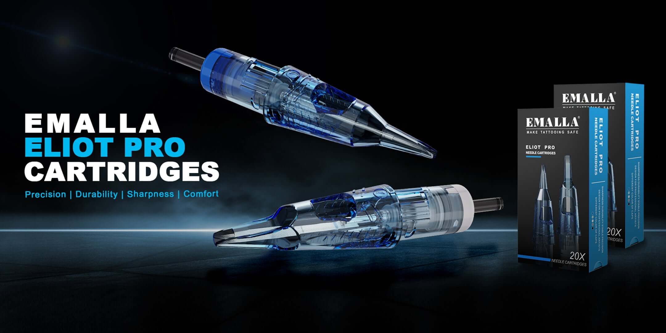 Promotional Image of EMALLA ELIOT PRO Tattoo Cartridges with precision, durability, sharpness and comfort