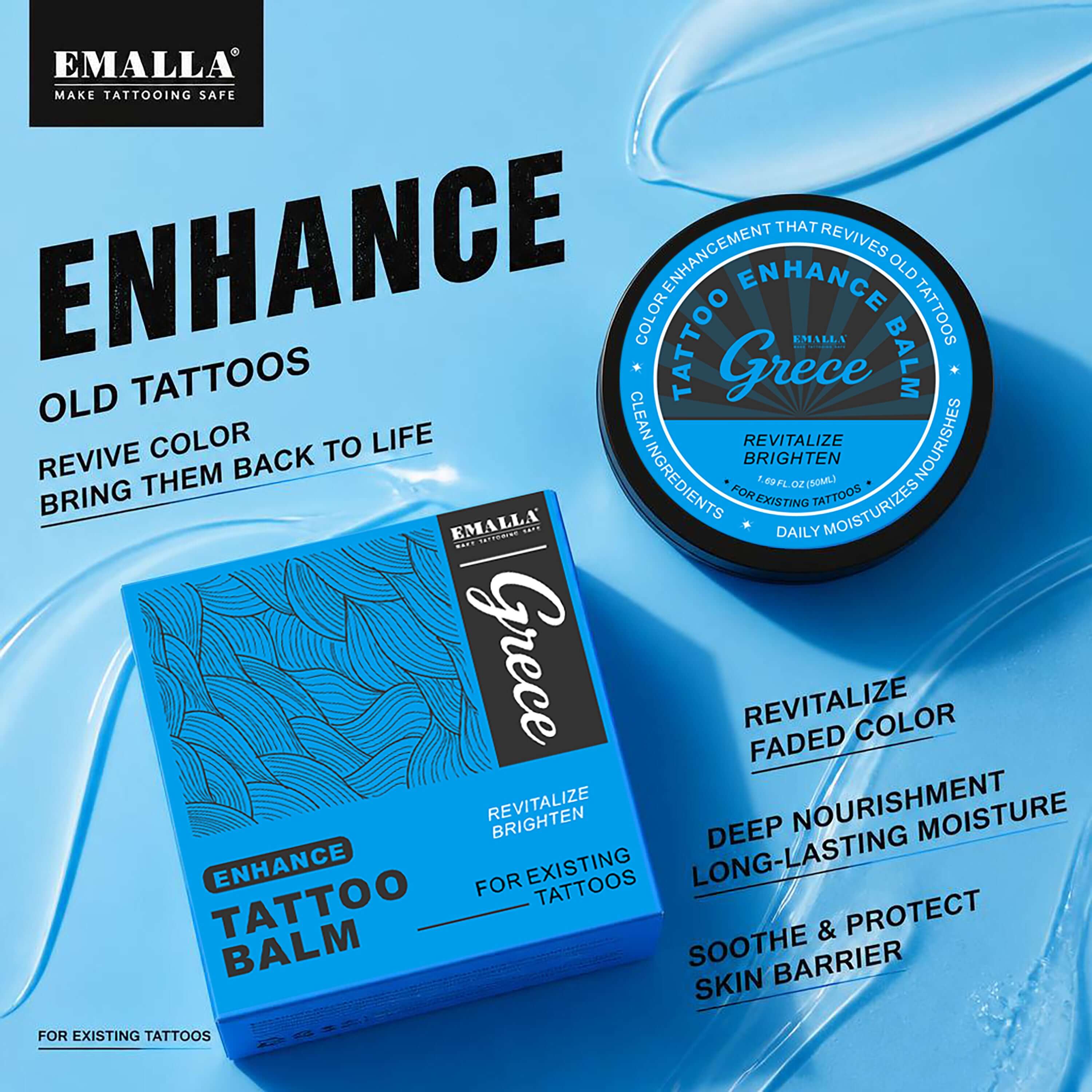 Product feature graphic for Emalla Grece Enhance Tattoo Balm showing tattoo color restoration, deep moisturizing benefits, skin barrier support and protection for existing tattoos