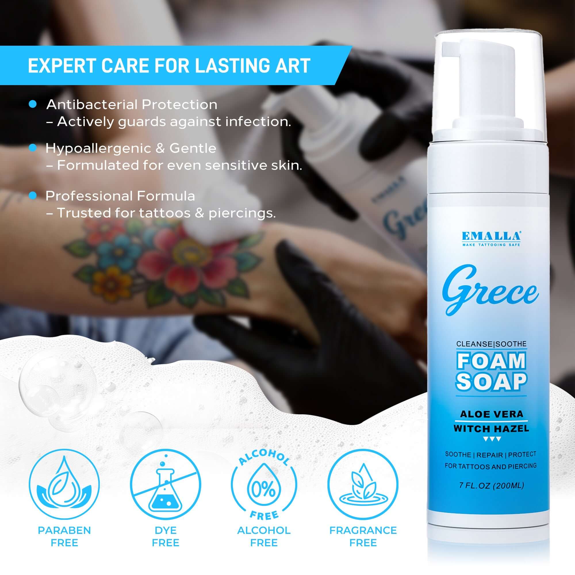 EMALLA Grece tattoo foam soap with aloe vera and witch hazel provides gentle cleansing, antibacterial protection, and soothing aftercare for tattoos