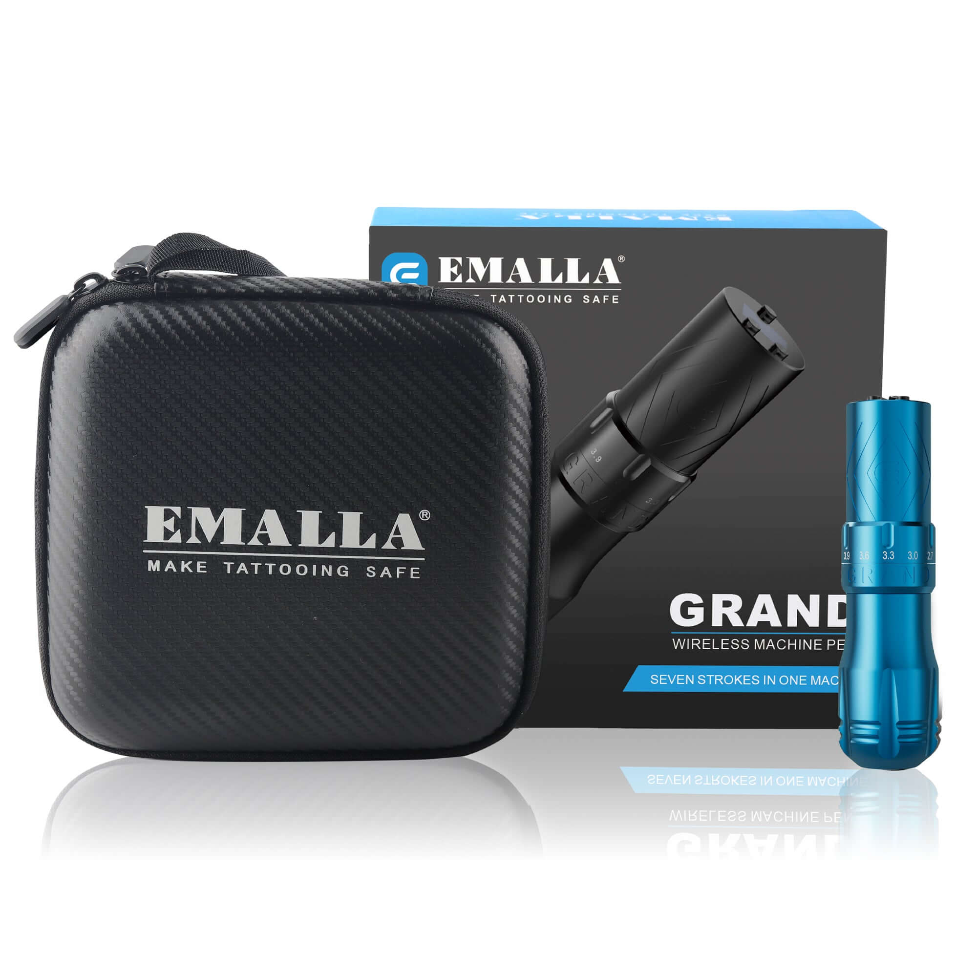 Packeage of EMALLA GRAND Wireless Tattoo Pen Machine (Blue) from front view