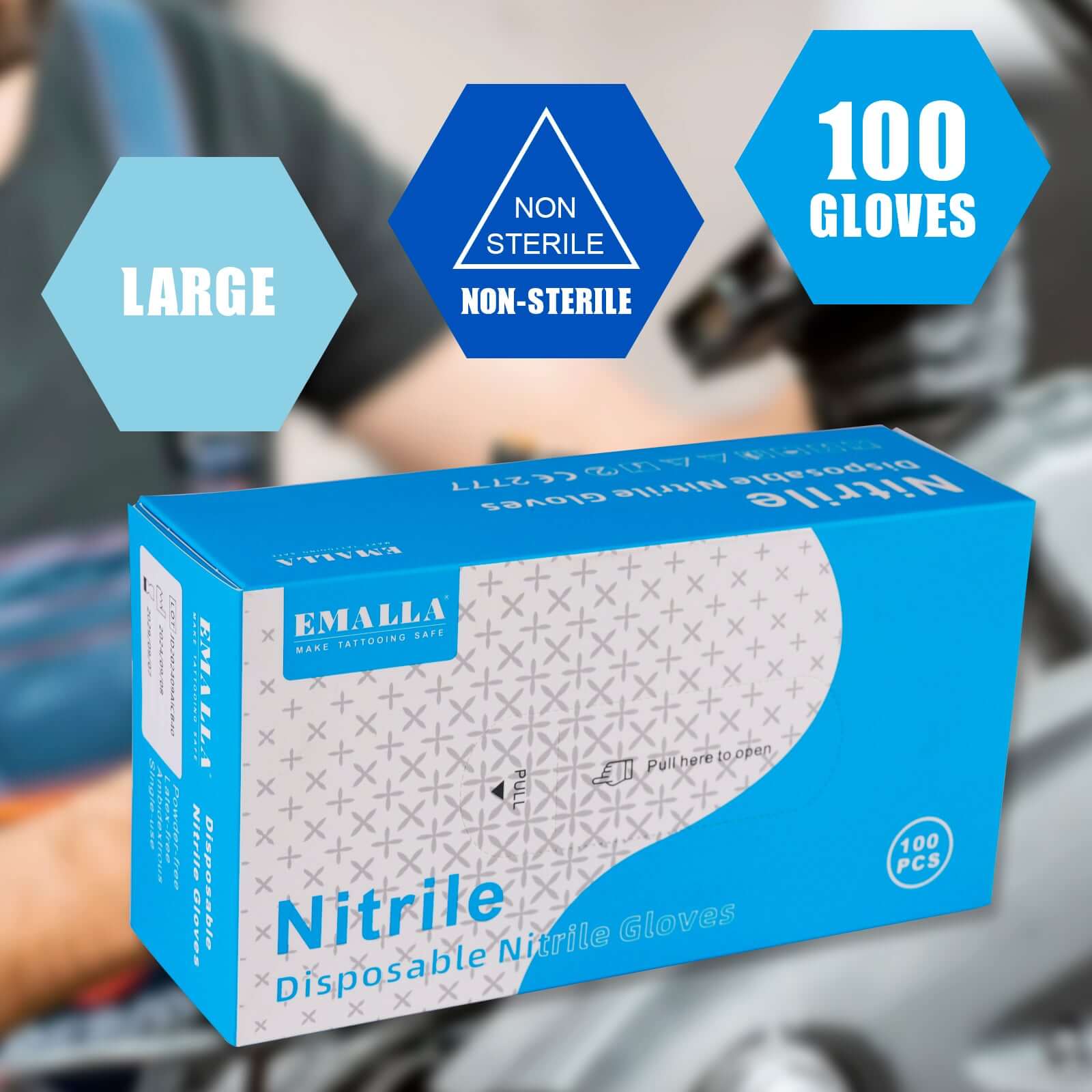 Packaging and material information of EMALLA Disposable Nitrile Gloves