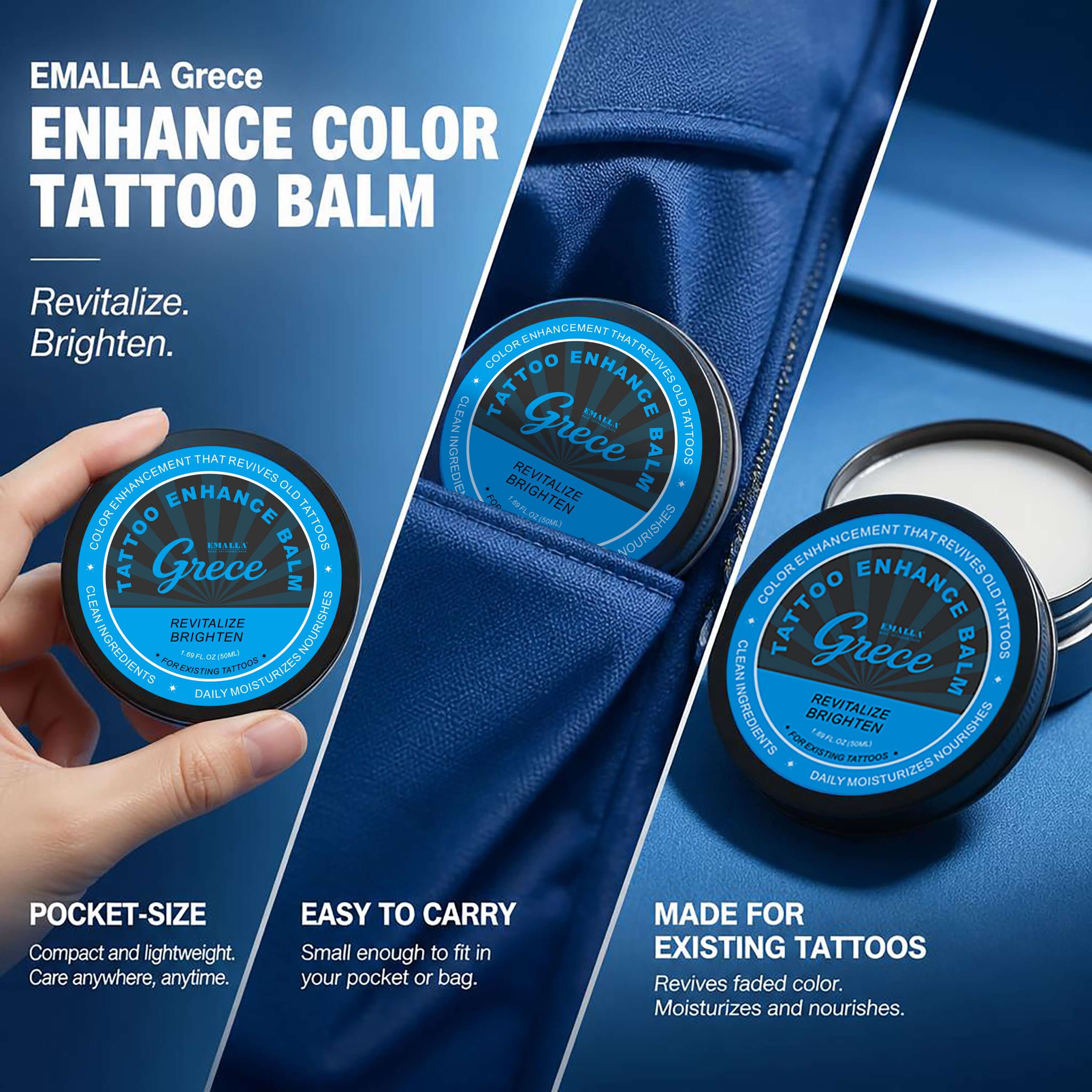Emalla Grece Tattoo Enhance Balm shown in portable everyday use, designed to brighten old tattoos, support skin hydration and fit easily in a pocket or bag