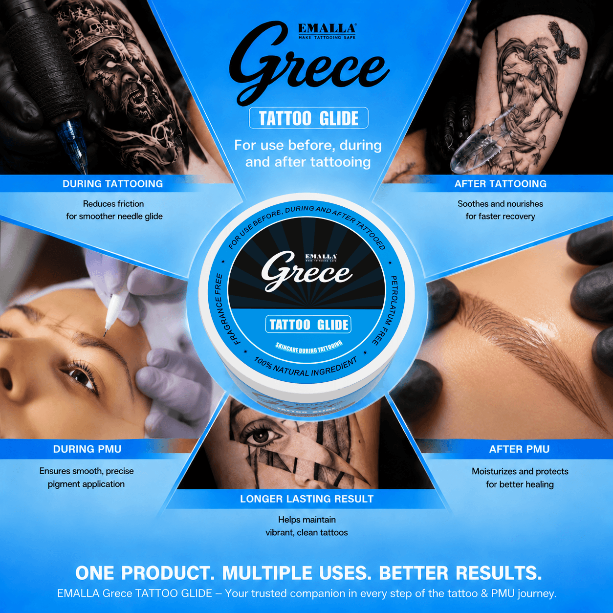 EMALLA Grece Tattoo Glide for tattoo and PMU, suitable before, during, and after tattooing to reduce friction, soothe skin, moisturize, and support faster healing