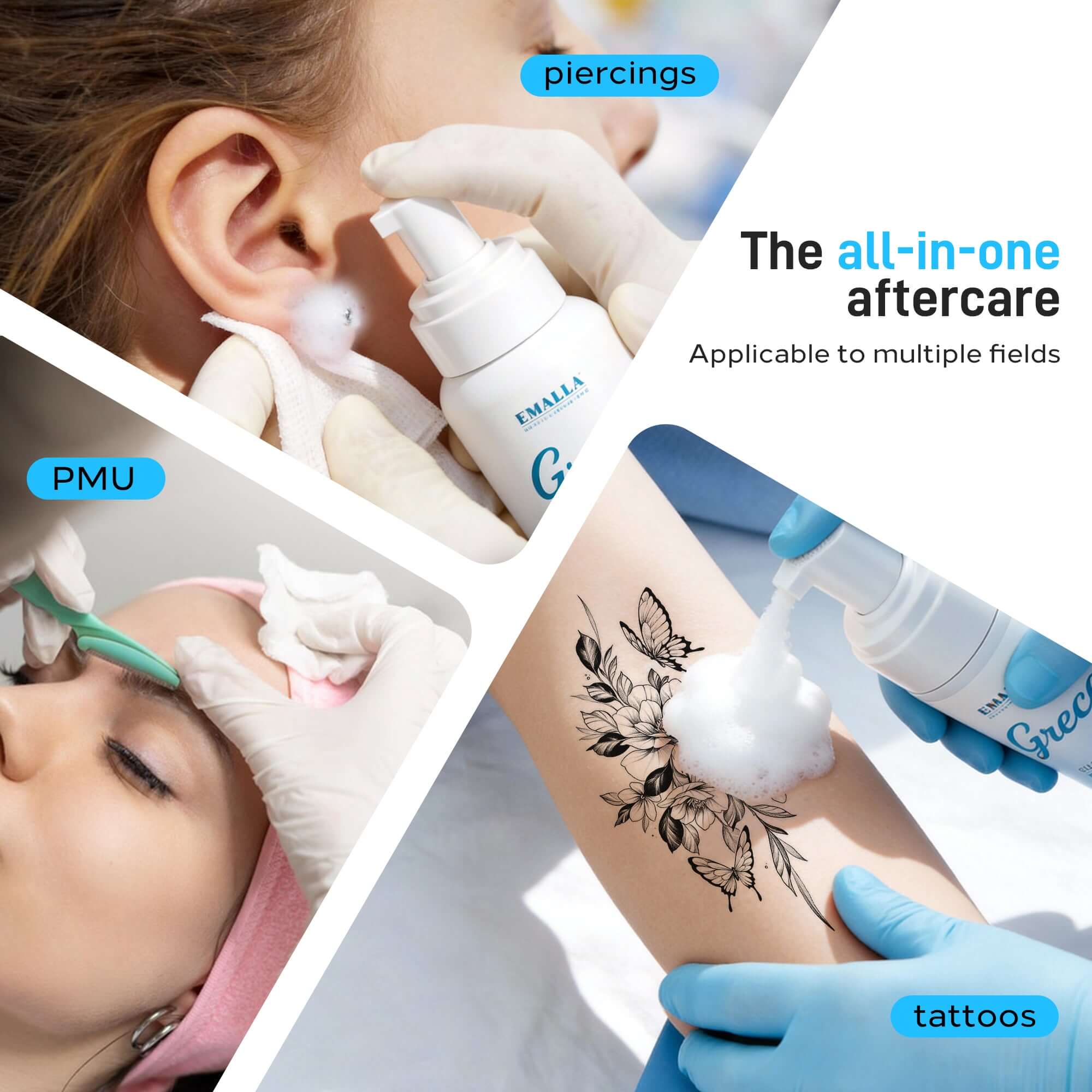 EMALLA Grece tattoo foam soap for tattoo, piercing, and PMU aftercare, providing gentle cleansing, soothing care, and skin protection
