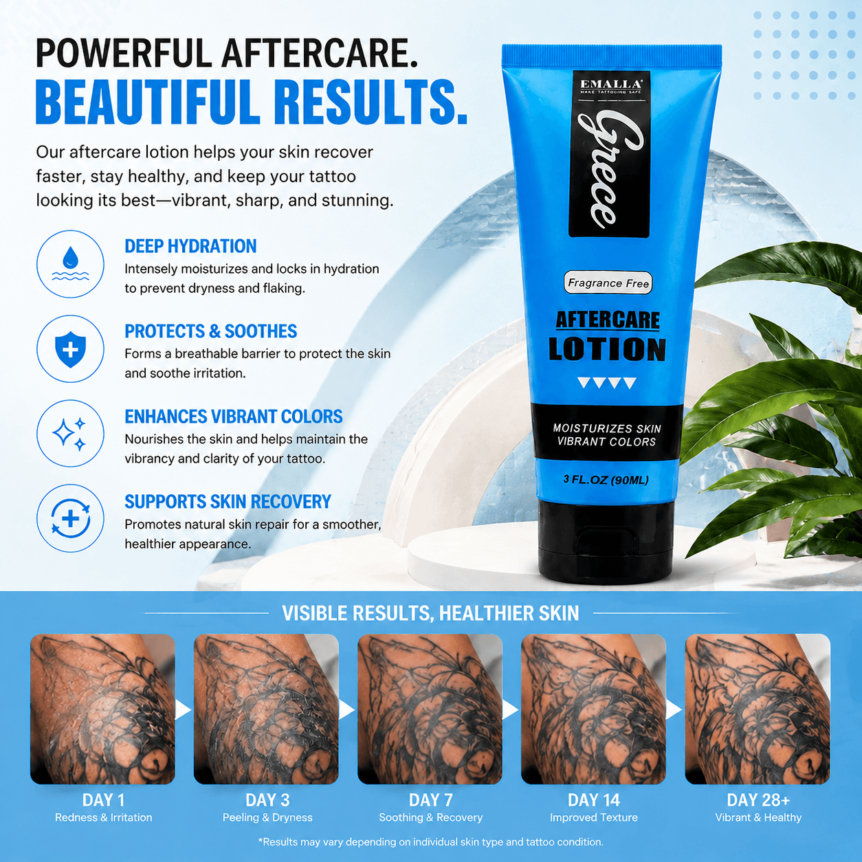 EMALLA Grece tattoo aftercare lotion with deep hydration, skin soothing, color protection and tattoo healing benefits