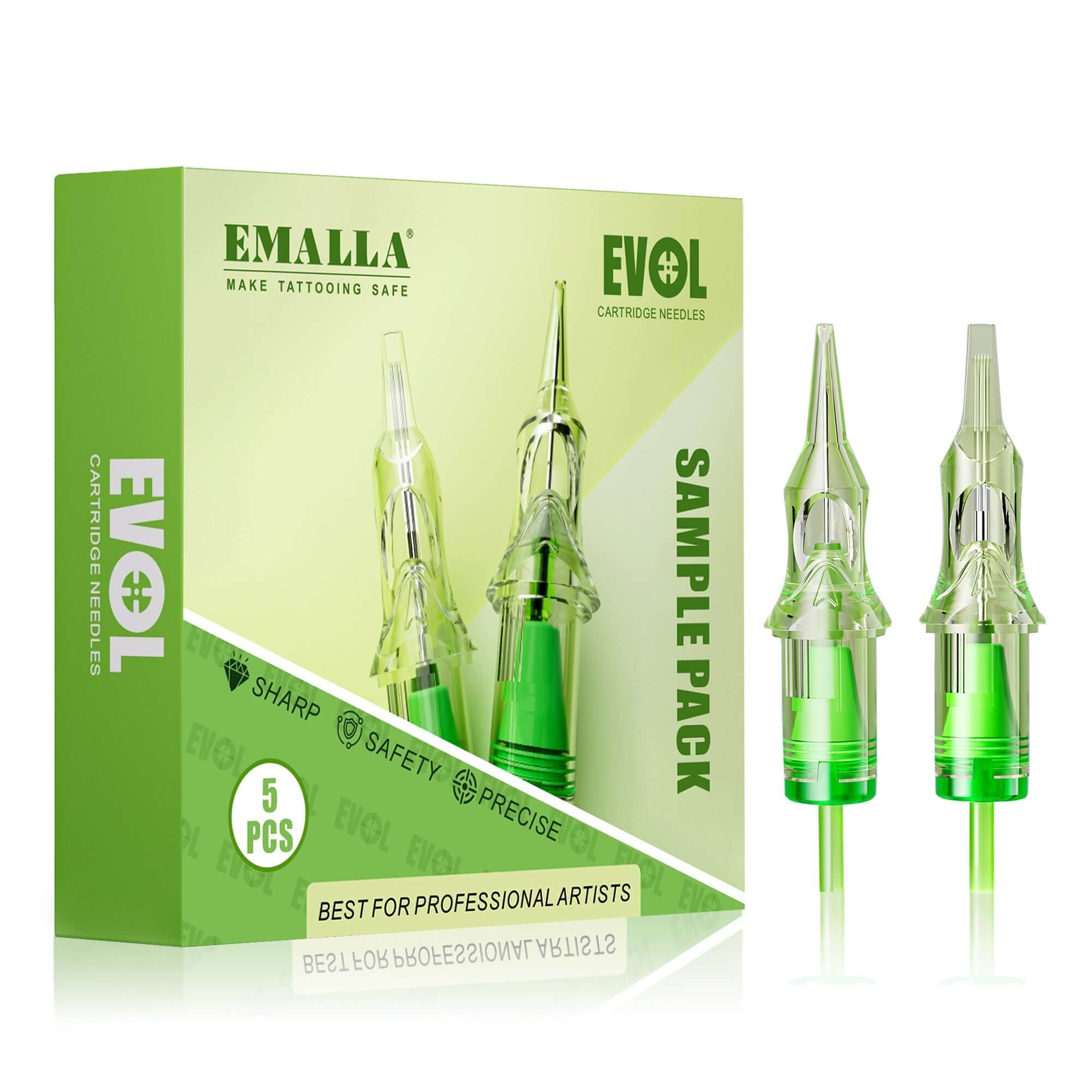 Front view of EMALLA Evol tattoo cartridge needles sample box