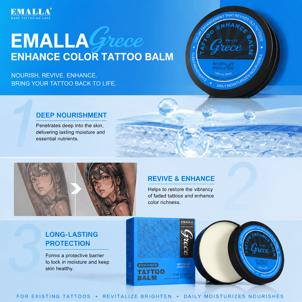 Emalla Grece Tattoo Enhance Balm for existing tattoos, providing deep nourishment, color revitalization and long-lasting protection to help restore faded tattoo vibrancy