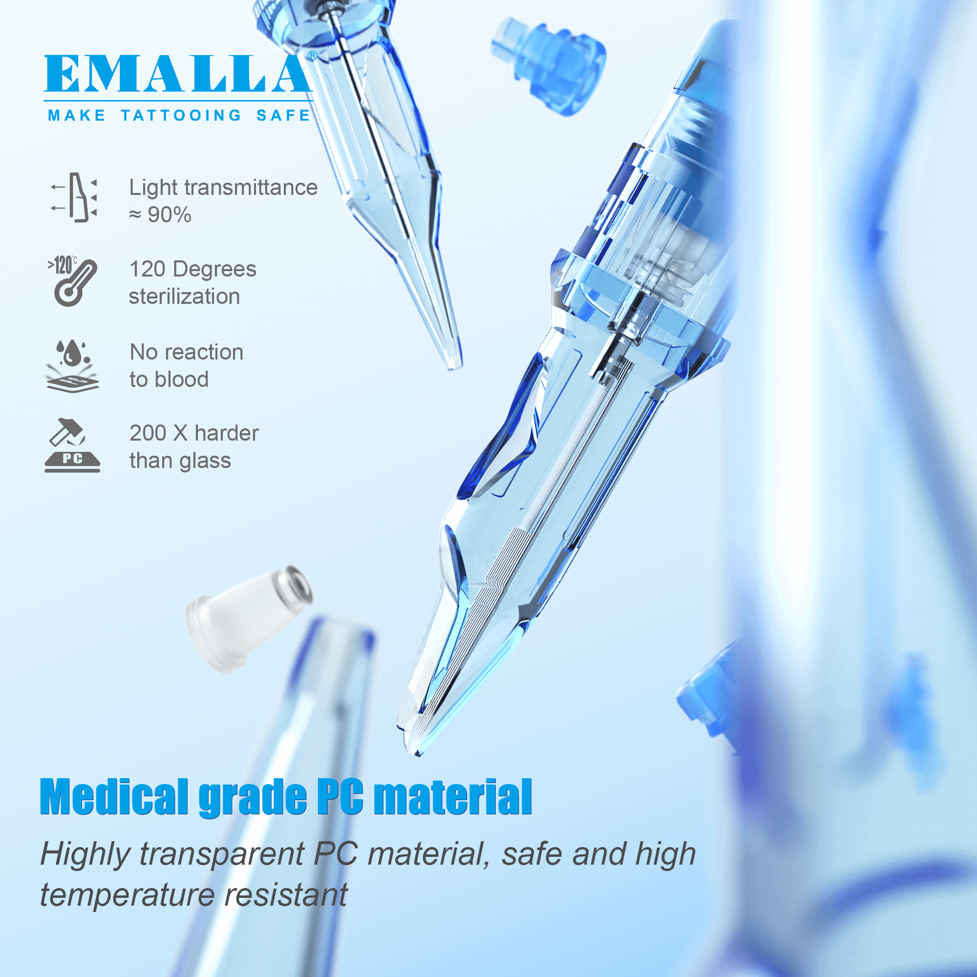 Emalla cartridge needles, featuring medical-grade PC material that is highly transparent, inherently safe, and resistant to high temperatures for reliable sterilization.