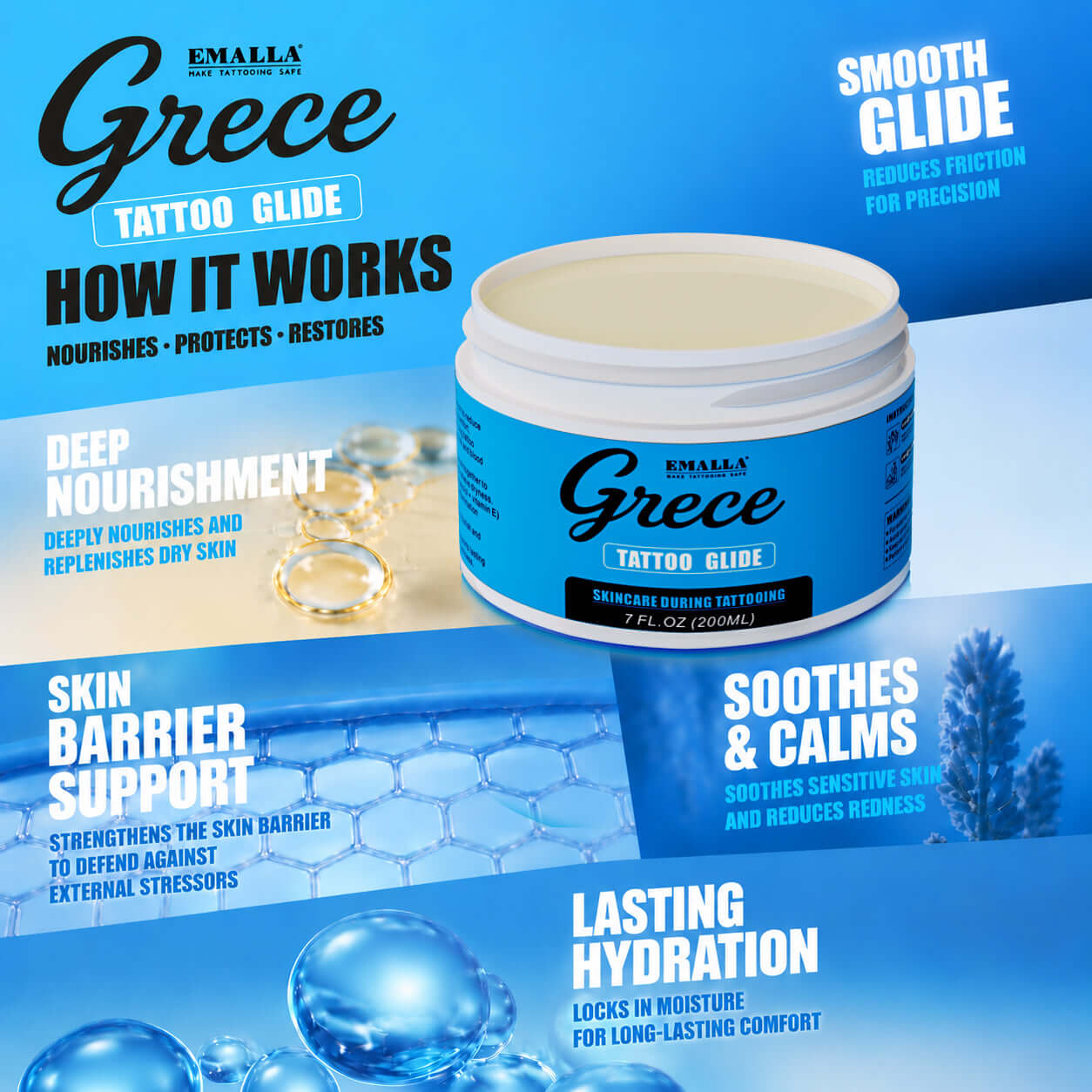 EMALLA Grece Tattoo Glide for skin nourishment, barrier protection, soothing sensitive skin and long-lasting hydration during tattoo procedures