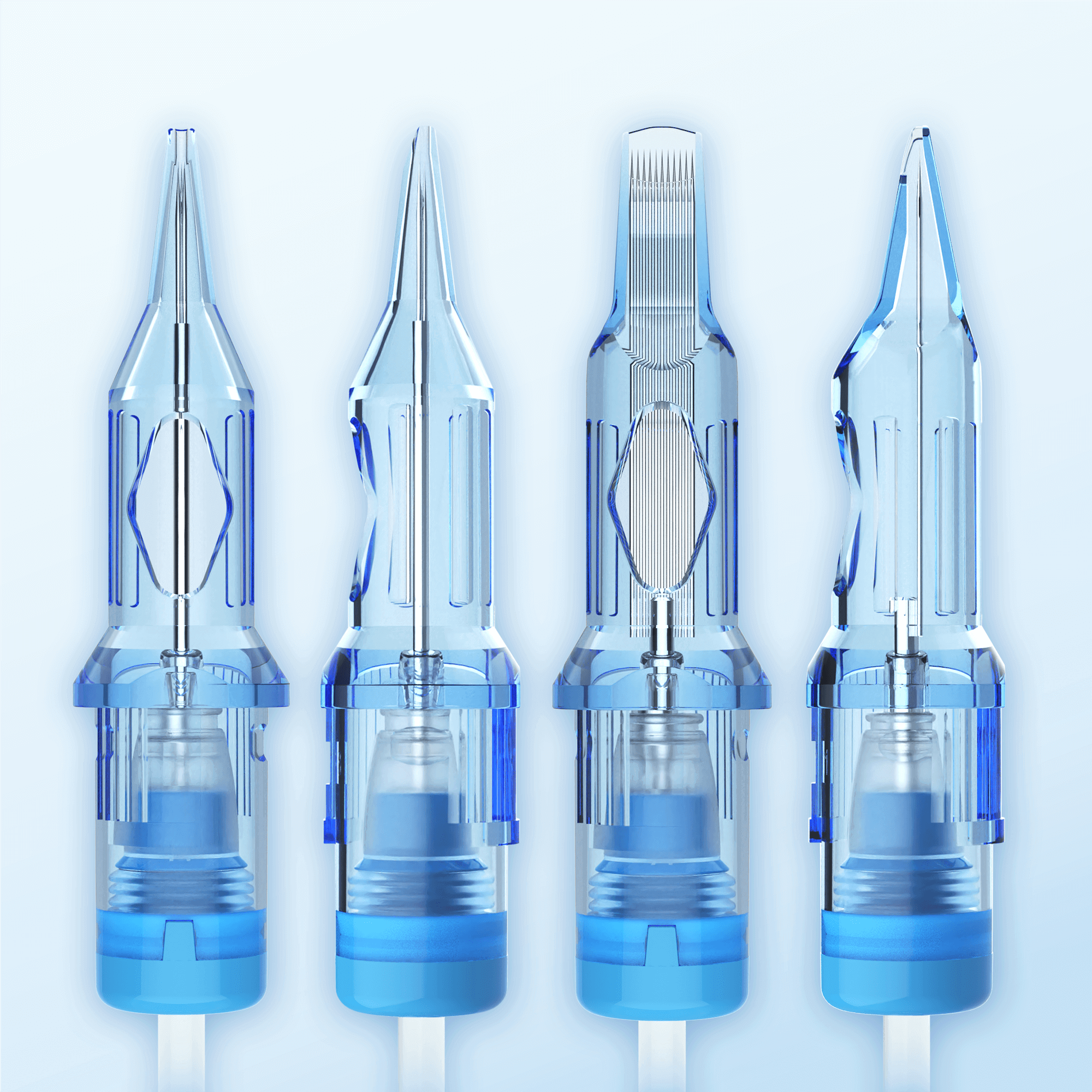 Close-up of four Emalla tattoo needle cartridges, showcasing the different available configurations for various tattooing techniques.