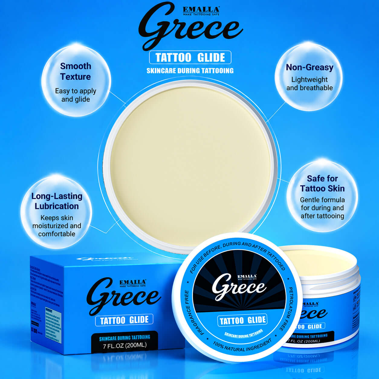 Product infographic of Emalla Grece Tattoo Glide highlighting smooth texture, long-lasting lubrication, lightweight non-greasy formula and safe care for tattooed skin