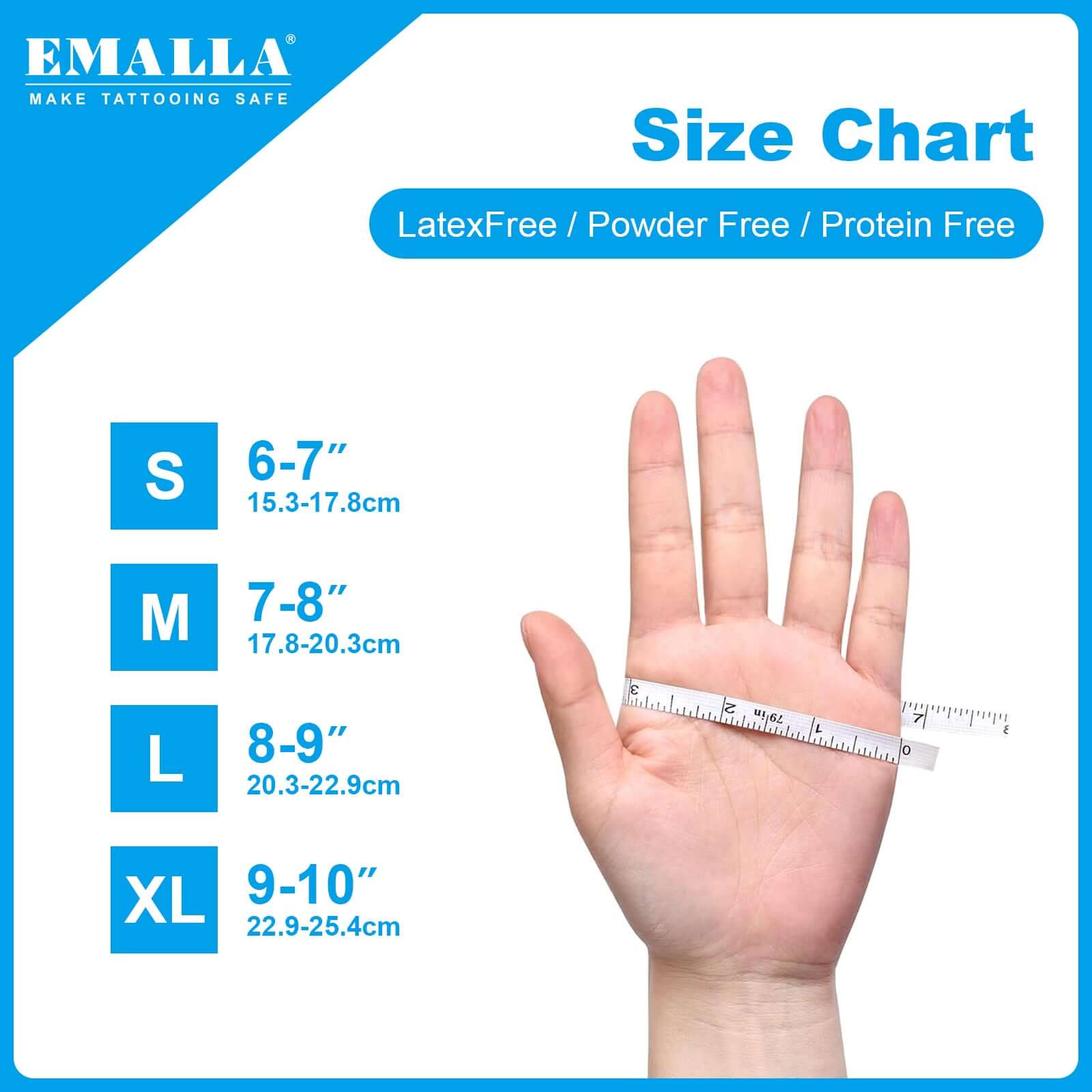 Size Chart of EMALLA Disposable Nitrile Gloves