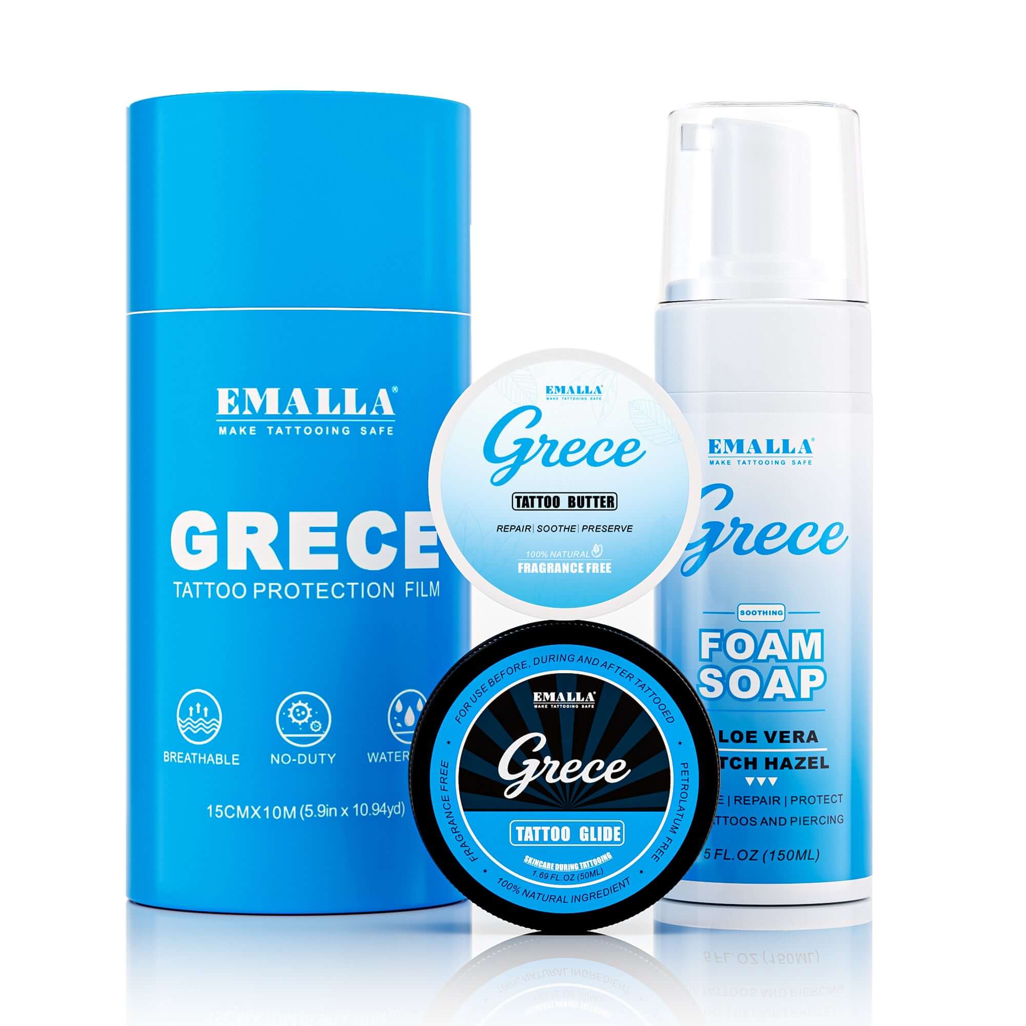 EMALLA Grece tattoo aftercare set featuring tattoo protection film, tattoo glide, tattoo butter and cleansing foam soap for complete tattoo care