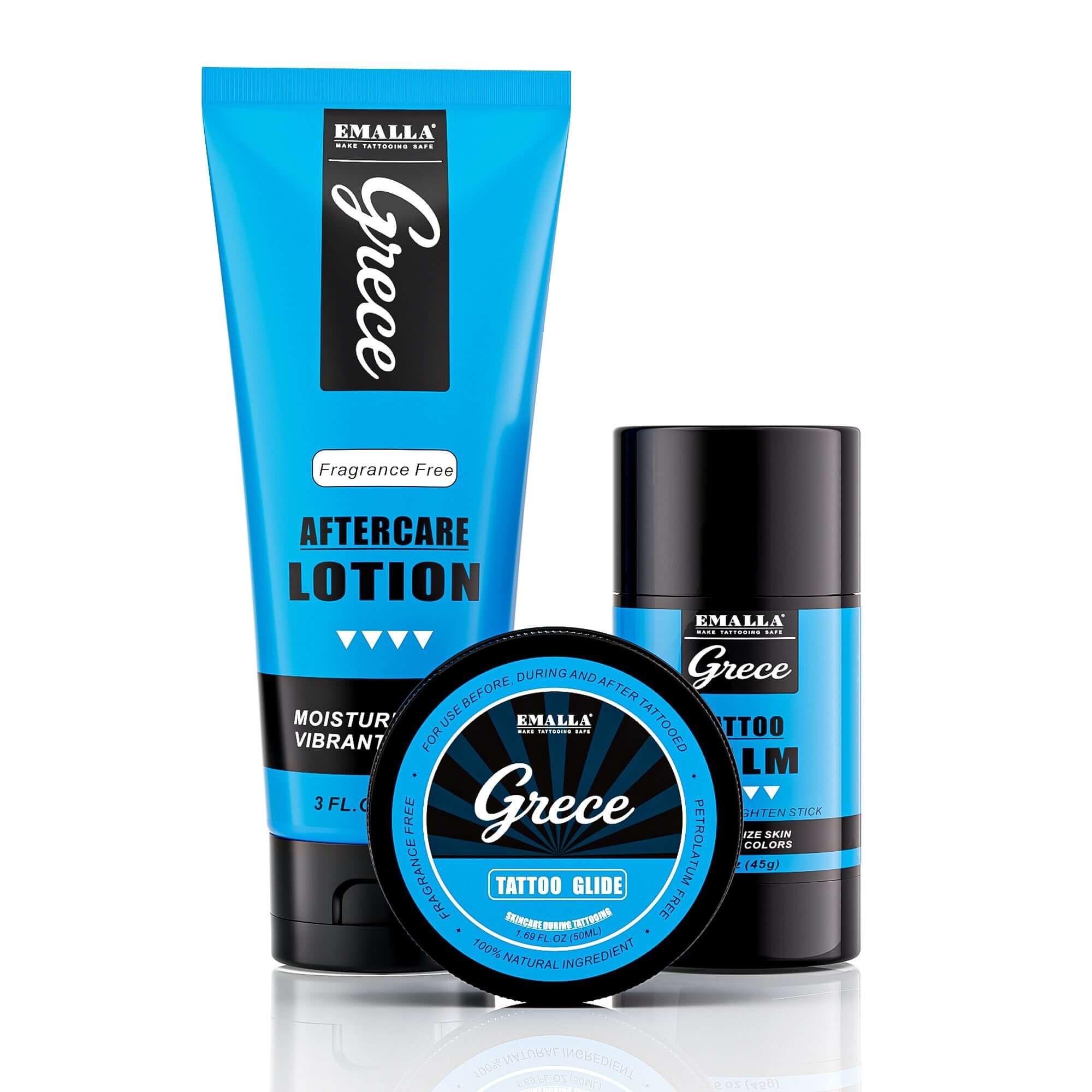EMALLA Grece tattoo aftercare products featuring tattoo glide, tattoo balm and aftercare lotion for professional tattoo care