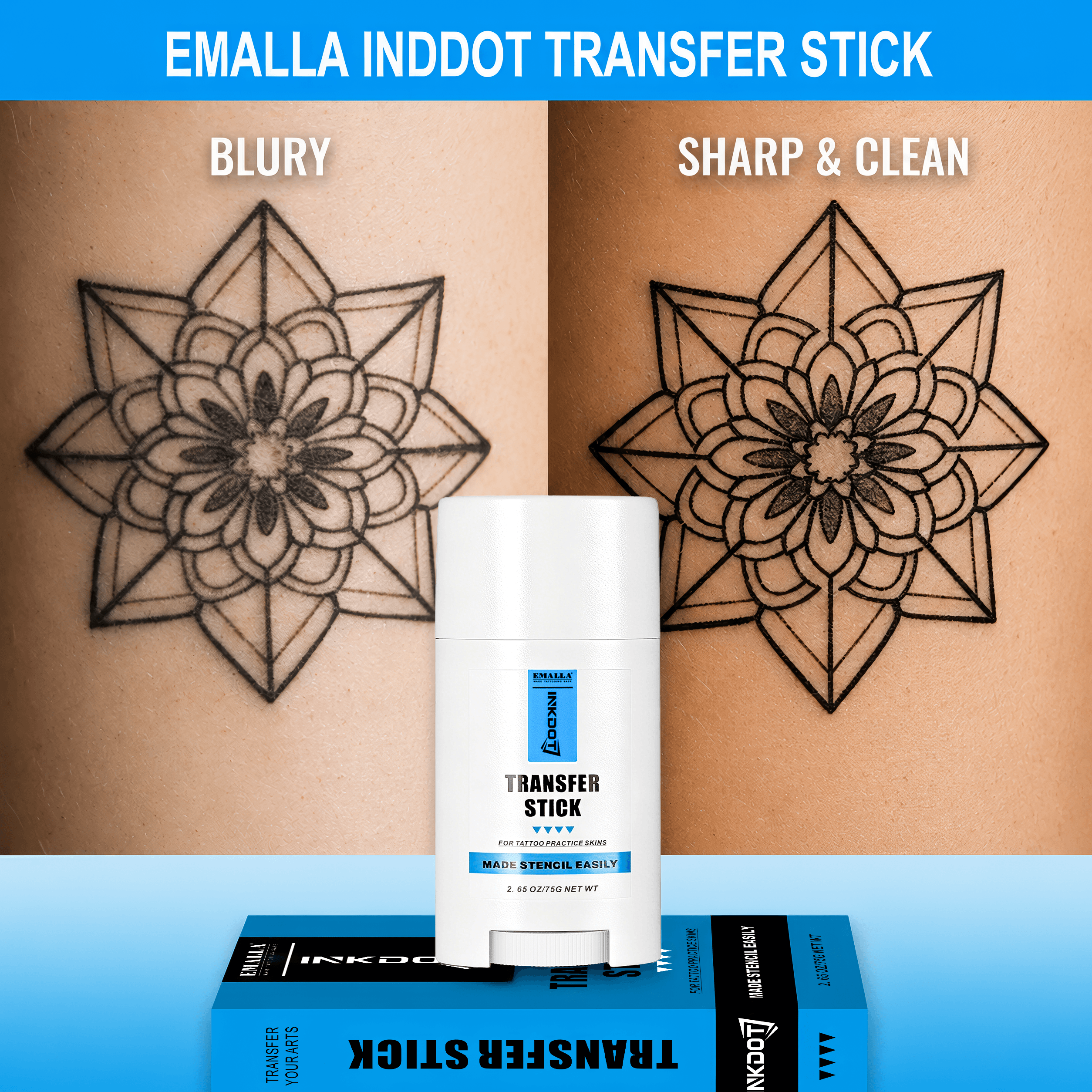 EMALLA INKDOT Transfer Stick for sharp, clean, and precise tattoo stencil transfers compared with a blurry traditional transfer