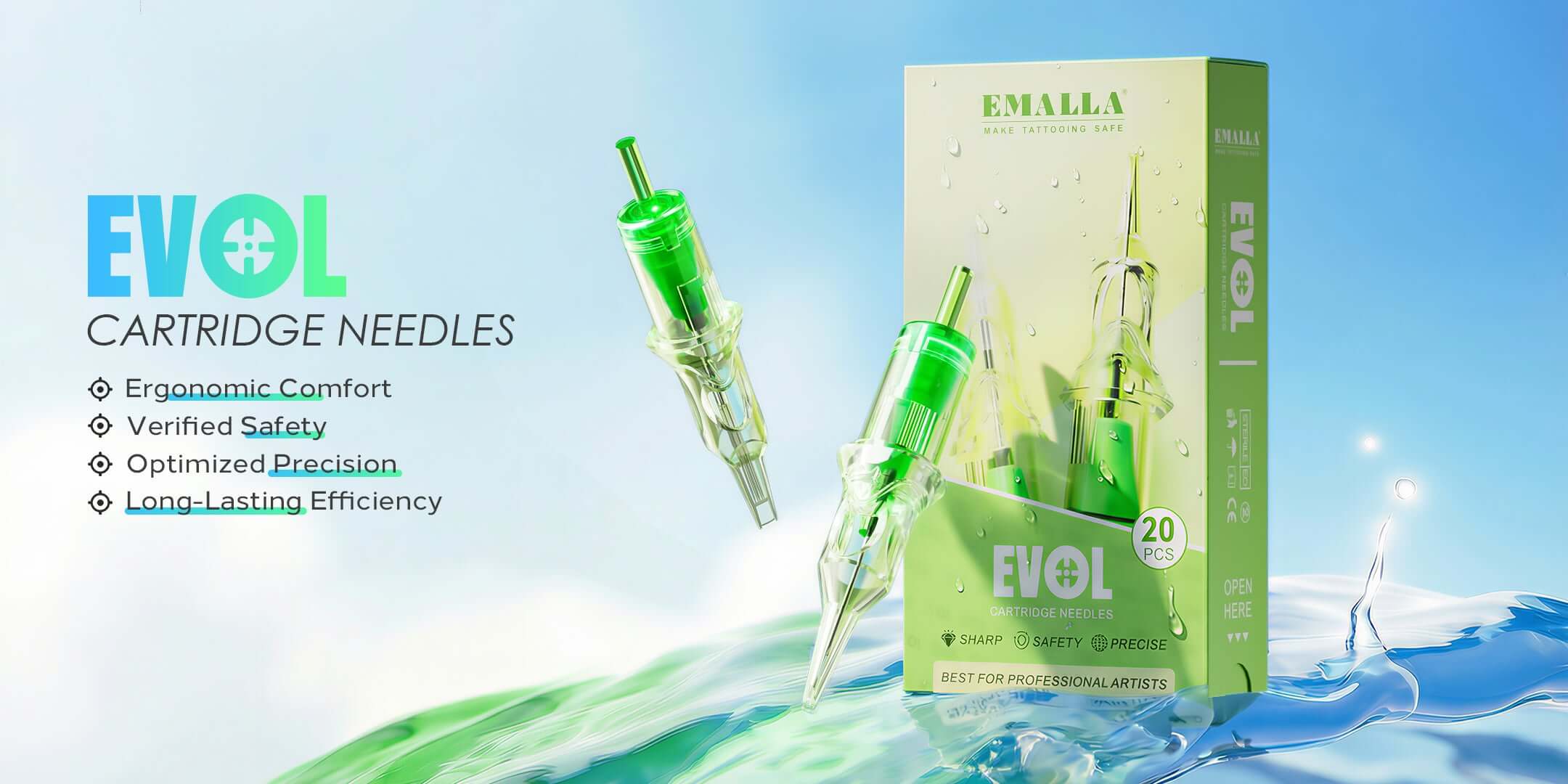 EMALLA EVOL tattoo cartridge needles promotional banner featuring product packaging, cartridge needle, and tattoo performance benefits
