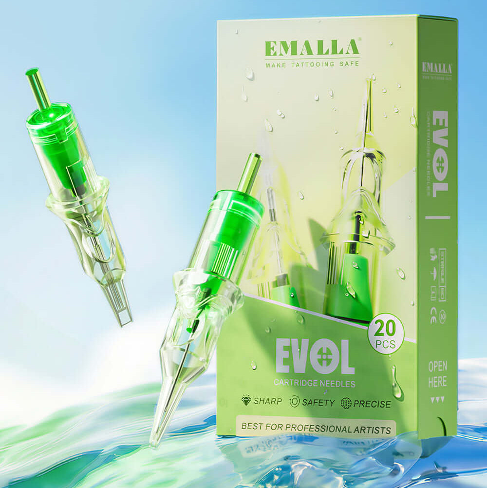 EMALLA EVOL tattoo cartridge needles, 20-piece box with green cartridges and transparent needle tips