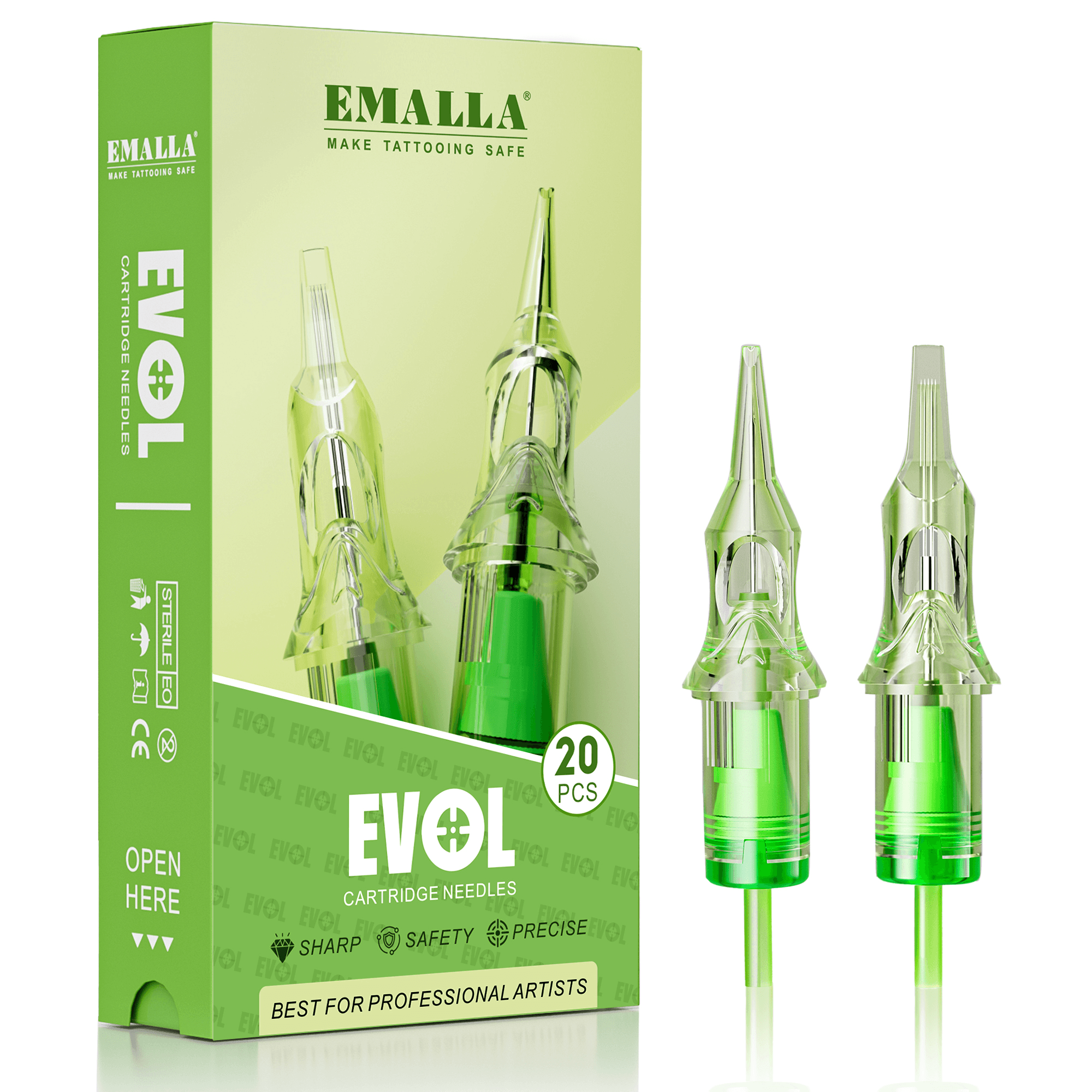 Package of EMALLA Evol Tattoo Cartridge Needles from front view