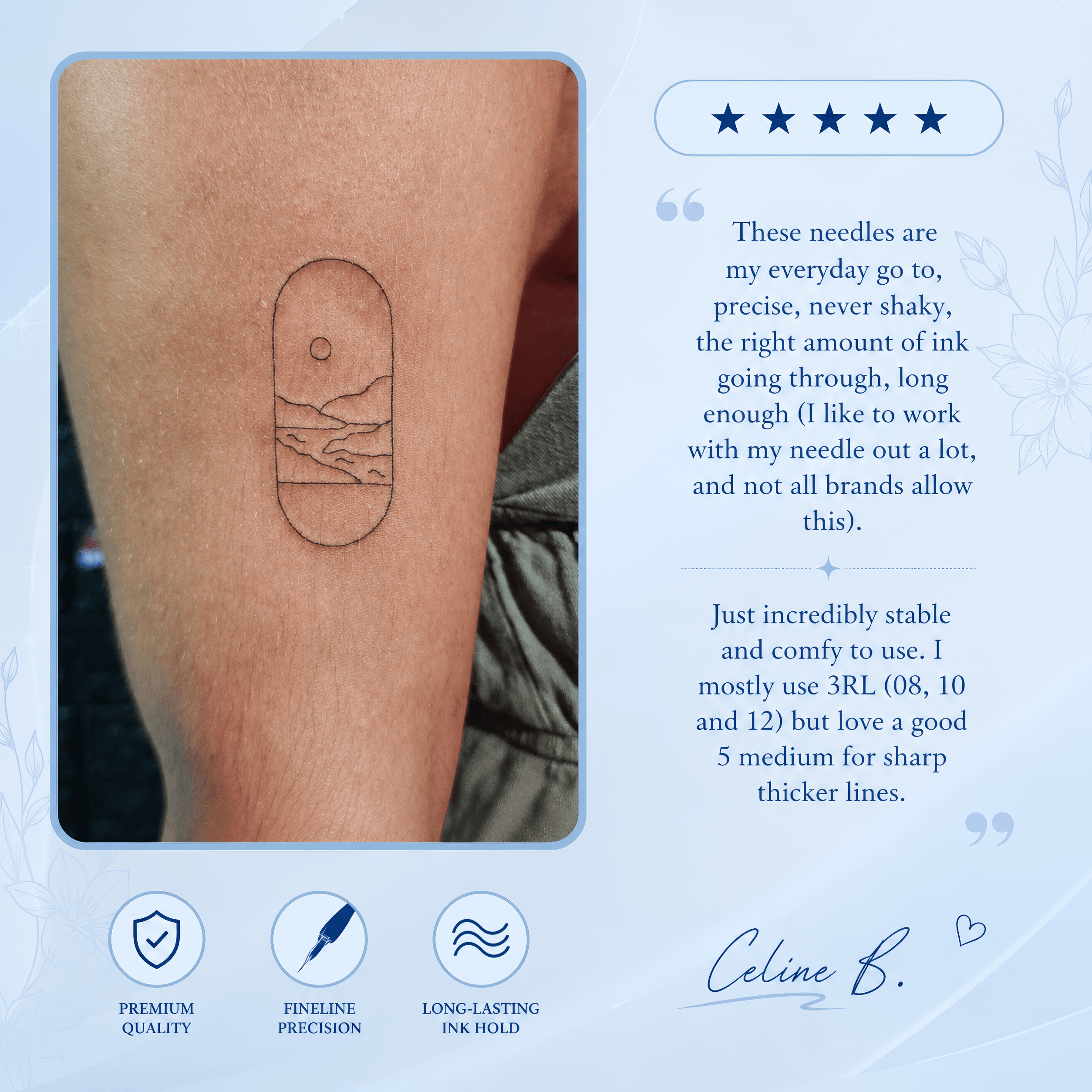 Customer review of Emalla tattoo needles featuring a fine line tattoo and feedback on precision, stability, and ink flow