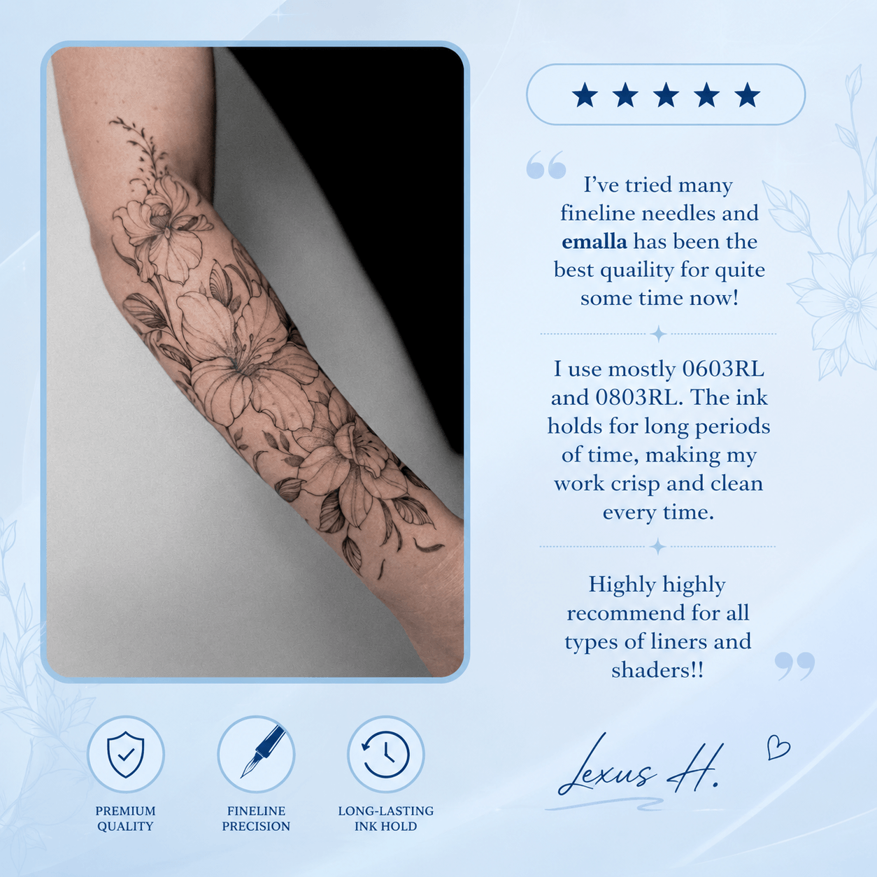 Floral fine line tattoo created with Emalla tattoo needles alongside a 5-star customer review on precision and ink retention
