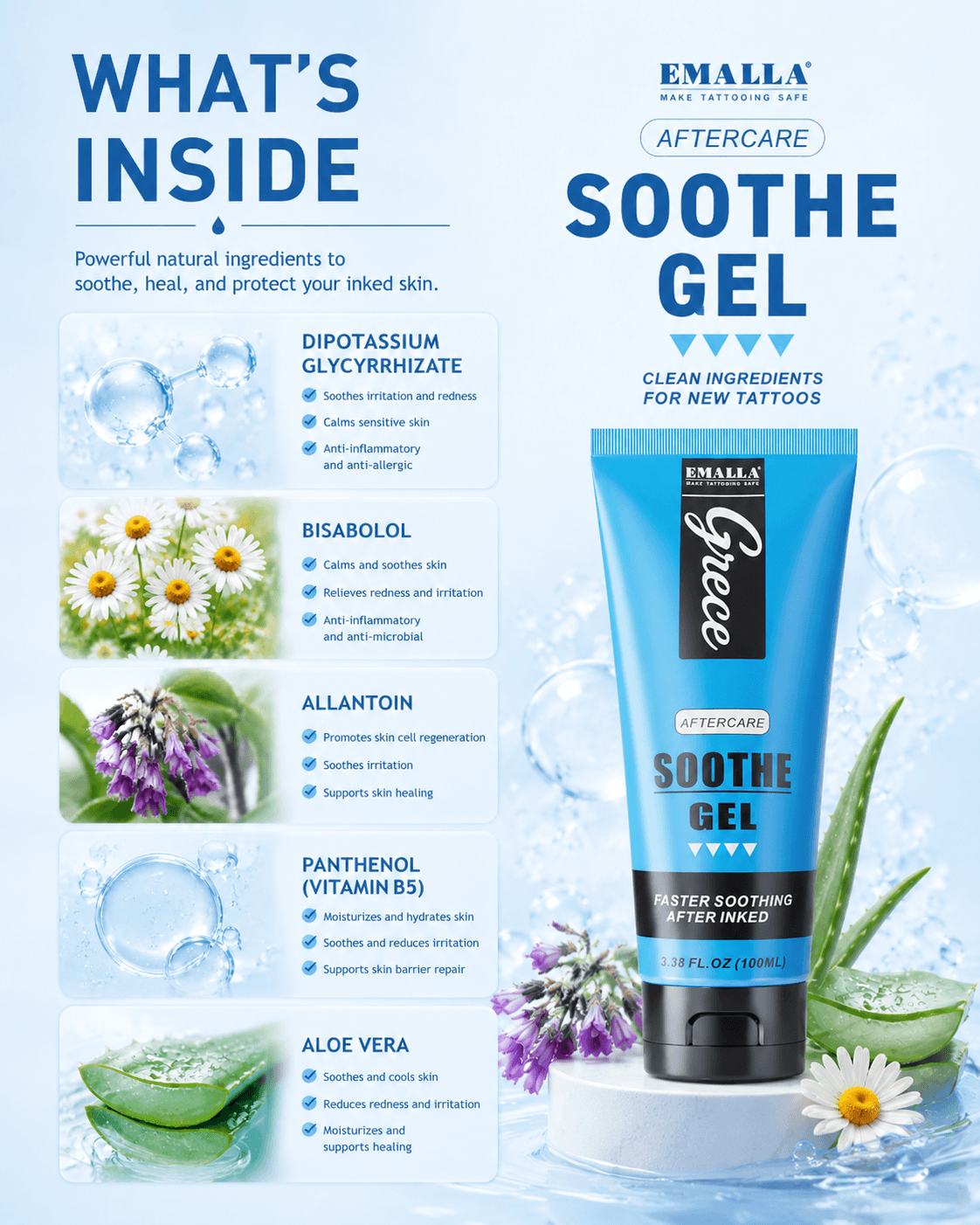 Emalla Grece soothe gel ingredients guide featuring soothing natural extracts for tattoo healing and skin repair