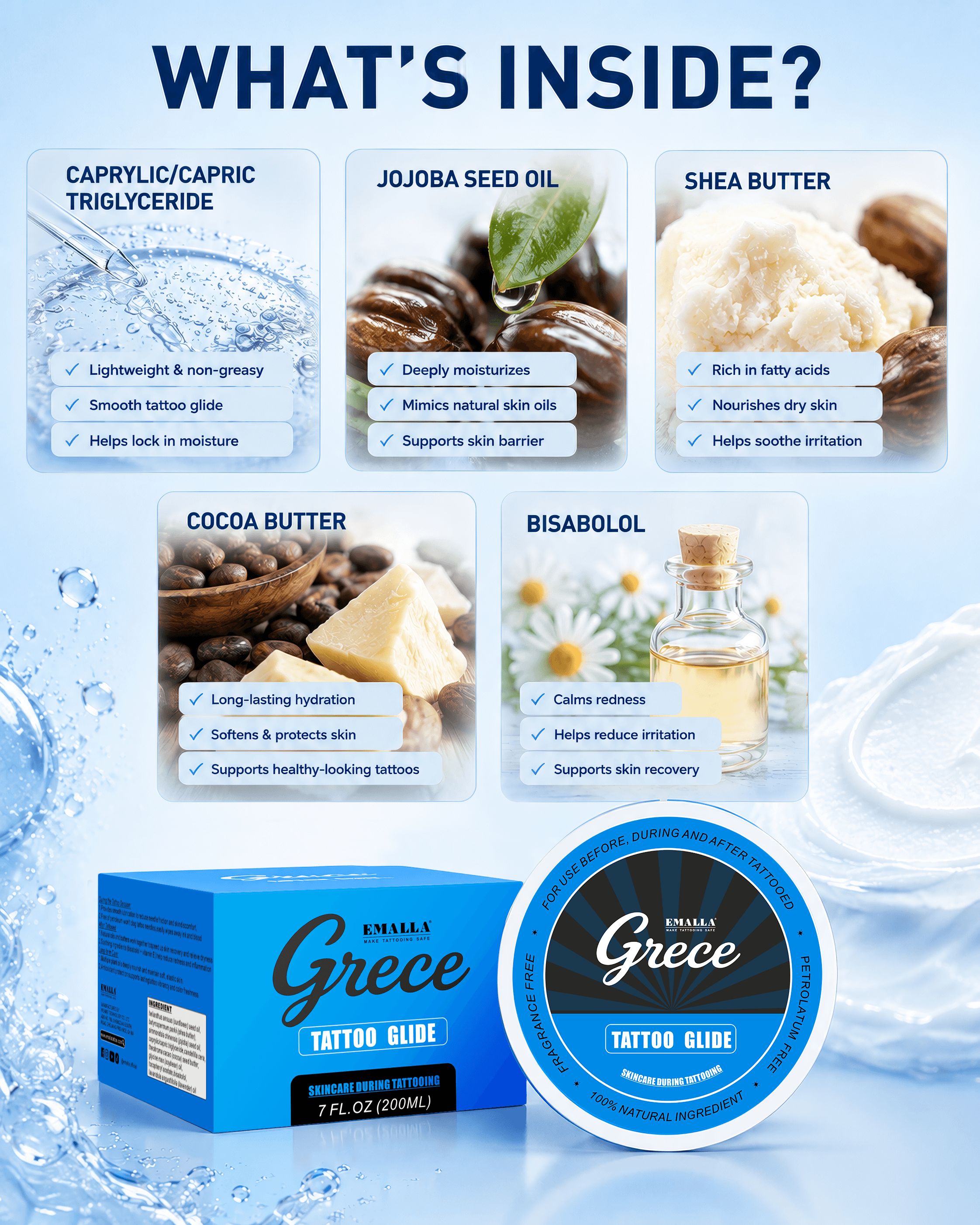 Emalla Grece Tattoo Glide with natural moisturizing ingredients for tattoo aftercare, hydration, skin barrier support, and irritation relief