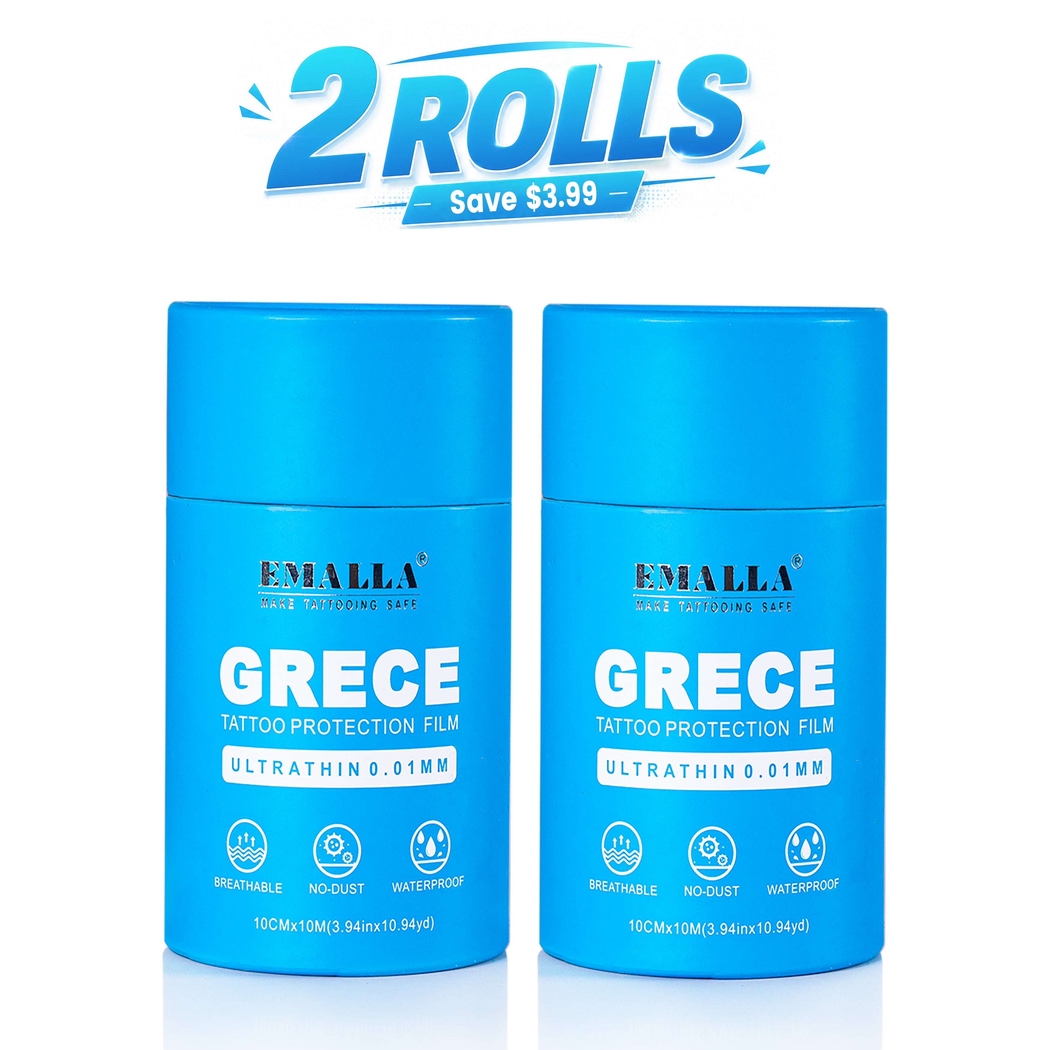 EMALLA GRECE tattoo protection film 2-roll pack, breathable waterproof tattoo aftercare bandage, 0.01mm, 10cm × 10m