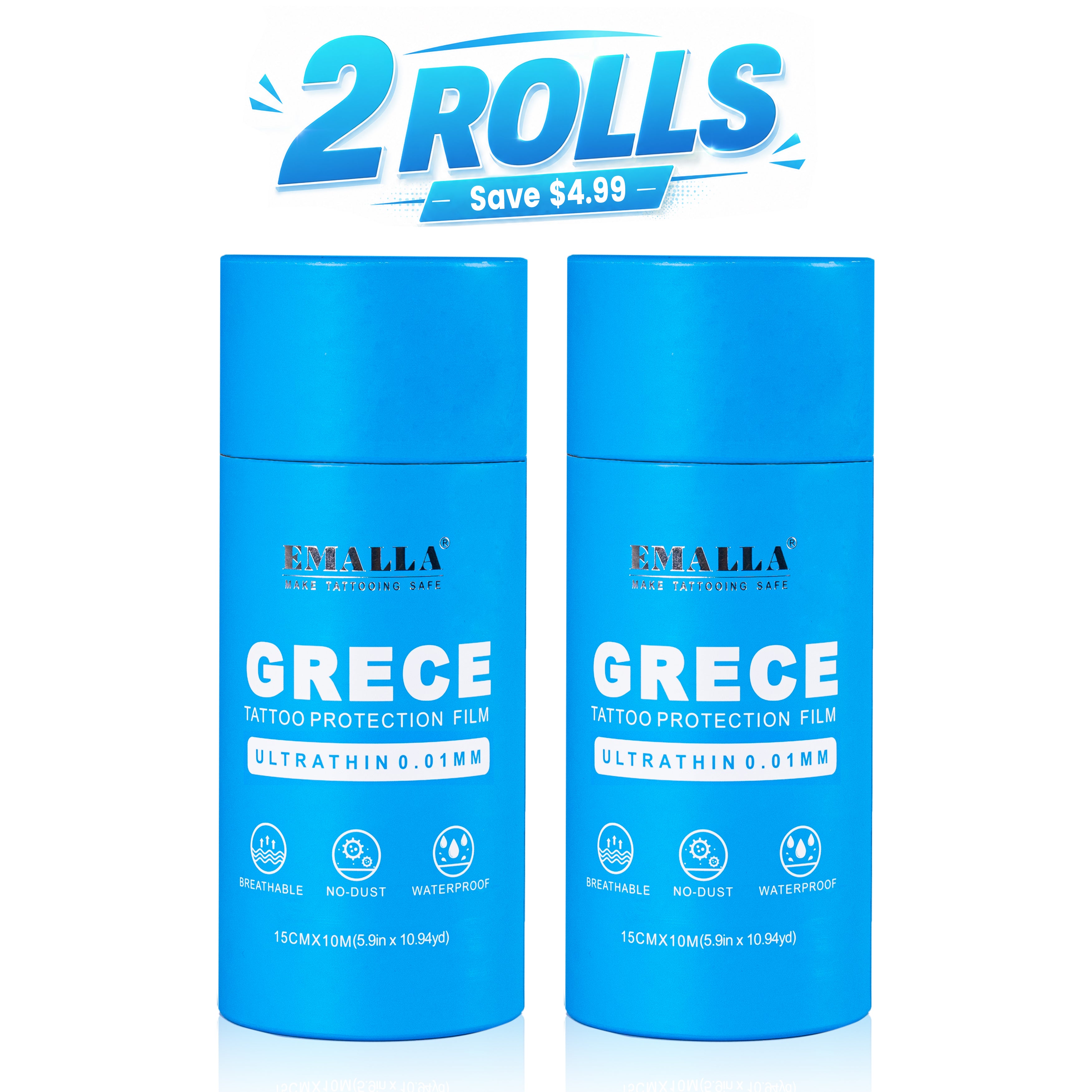 EMALLA GRECE tattoo protection film 2-roll pack, breathable waterproof tattoo aftercare bandage, 0.01mm, 15cm × 10m