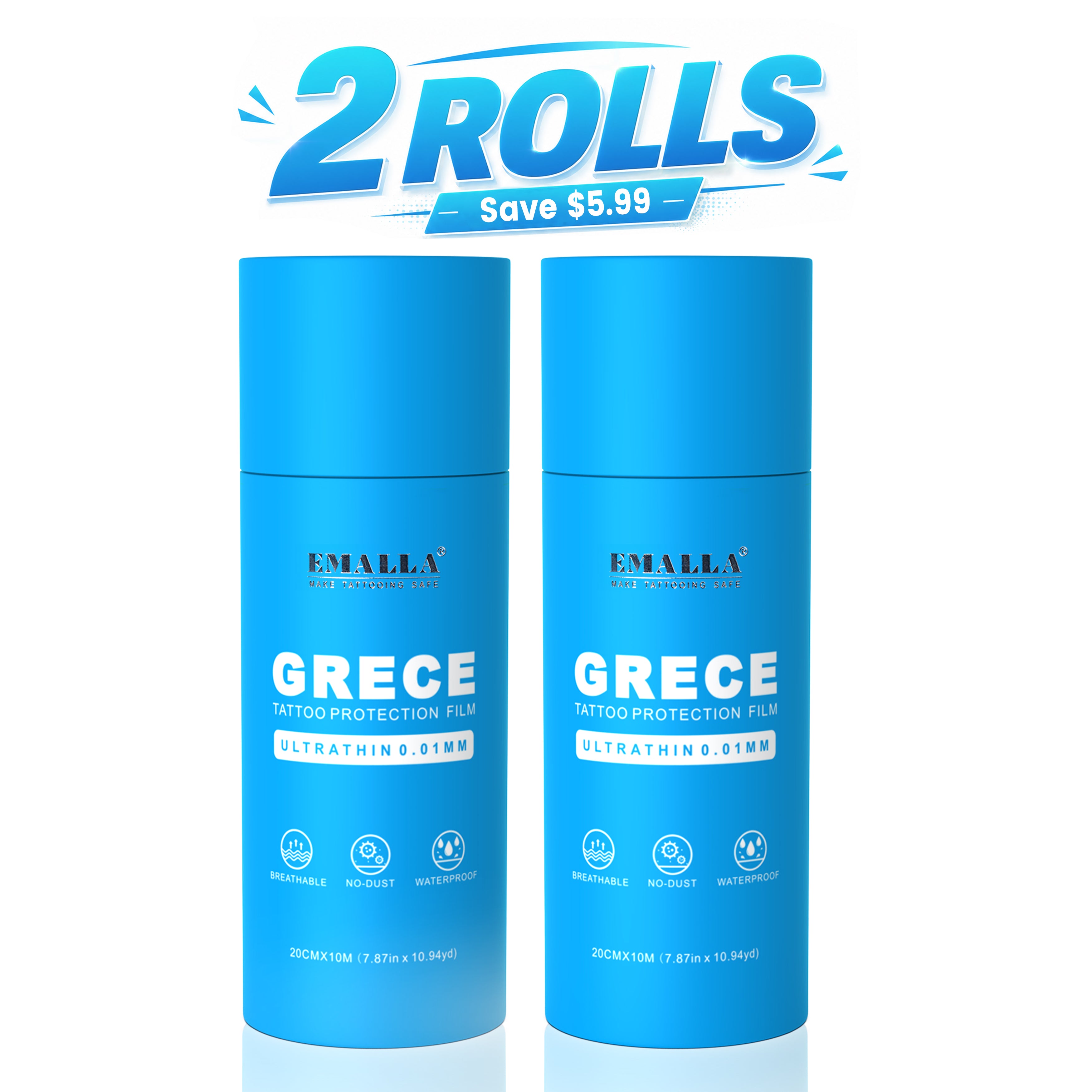 EMALLA GRECE tattoo protection film 2-roll pack, breathable waterproof tattoo aftercare bandage, 0.01mm, 20cm × 10m