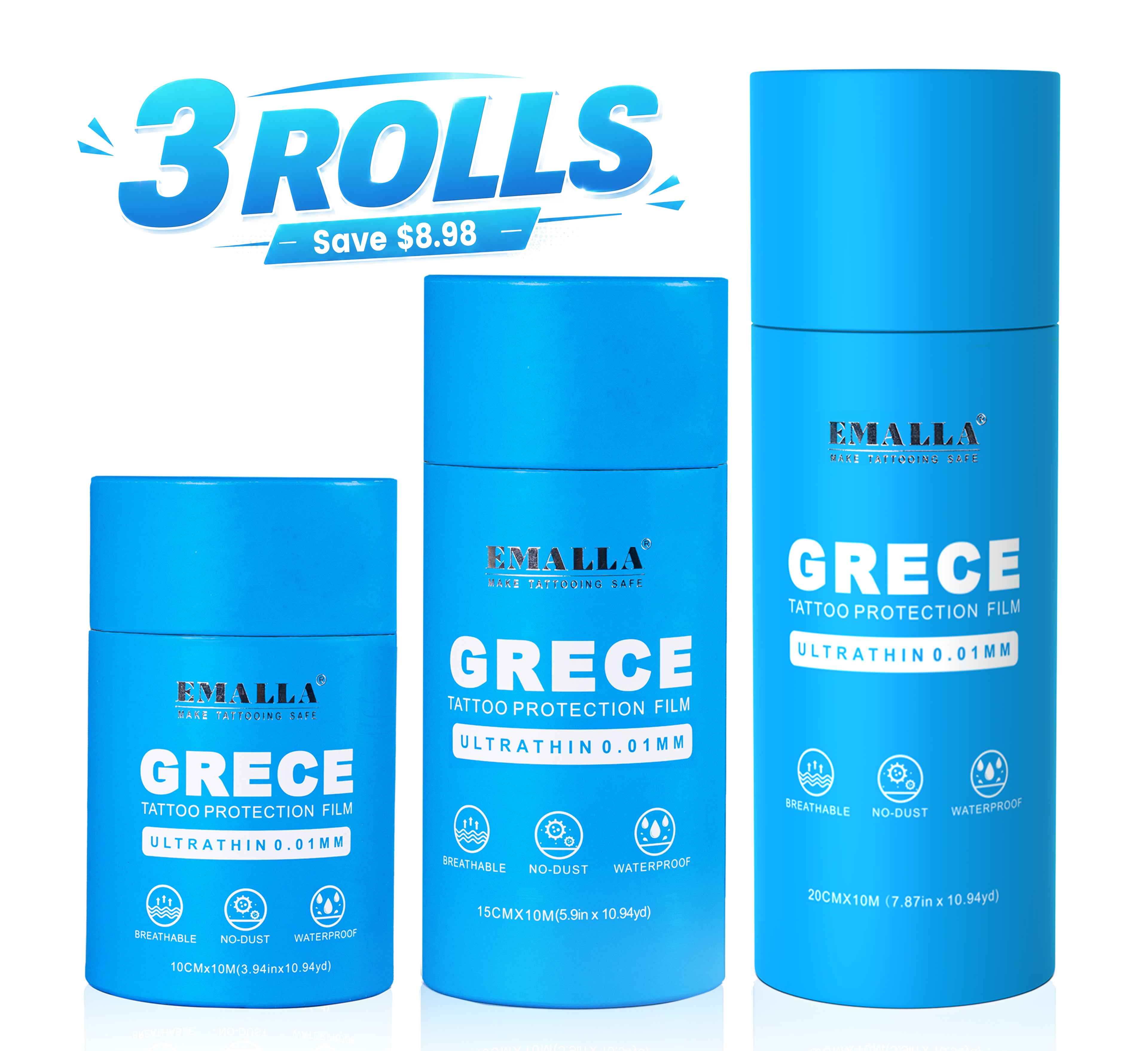 Three rolls of EMALLA GRECE tattoo protection film in blue packaging, showing different sizes (0.01mm, 10cm x 10m, 15cm x 10m, 20cm x 10m)