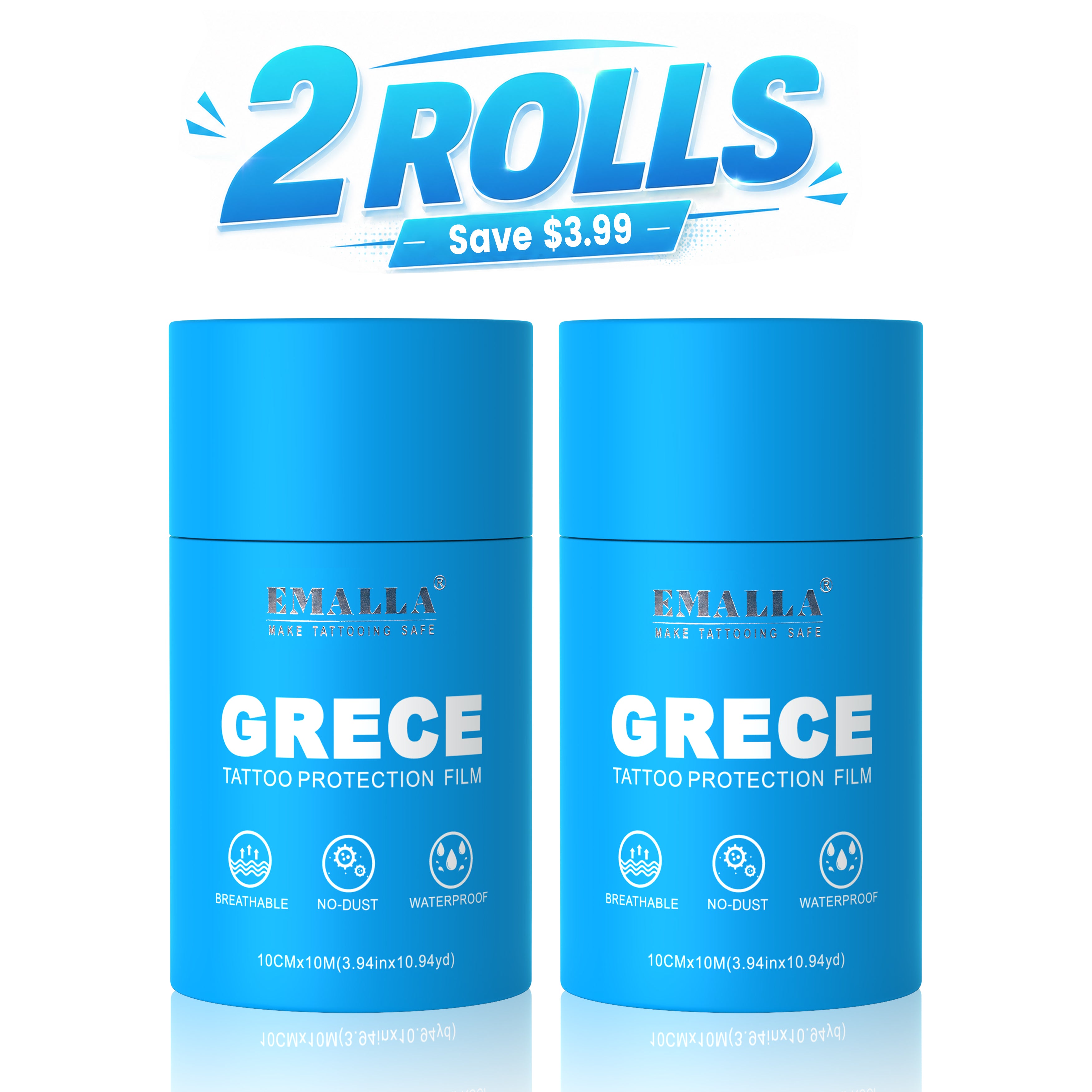 EMALLA GRECE tattoo protection film 2-roll pack, breathable waterproof tattoo aftercare bandage, 0.02mm, 10cm × 10m