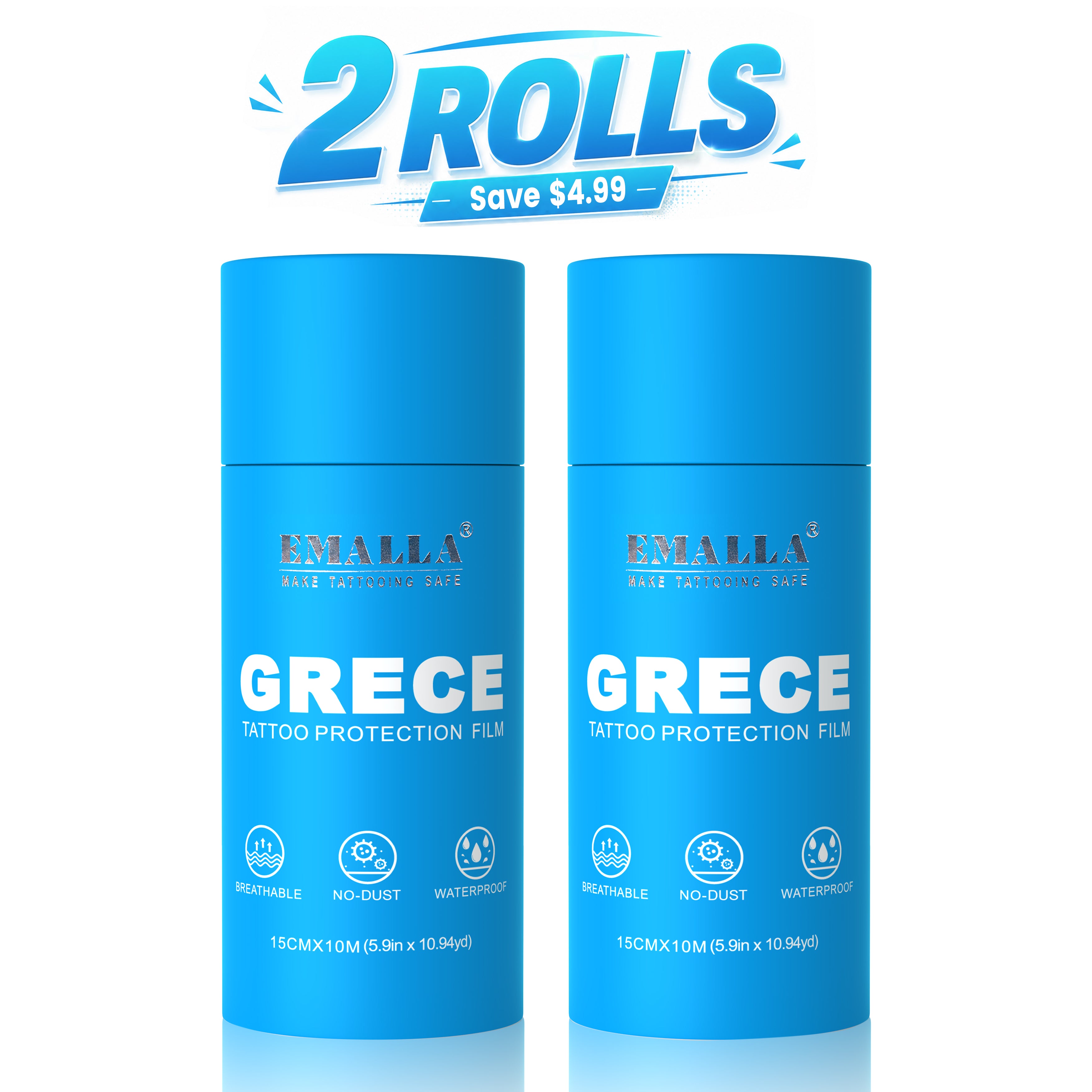 EMALLA GRECE tattoo protection film 2-roll pack, breathable waterproof tattoo aftercare bandage, 0.02mm, 15cm × 10m