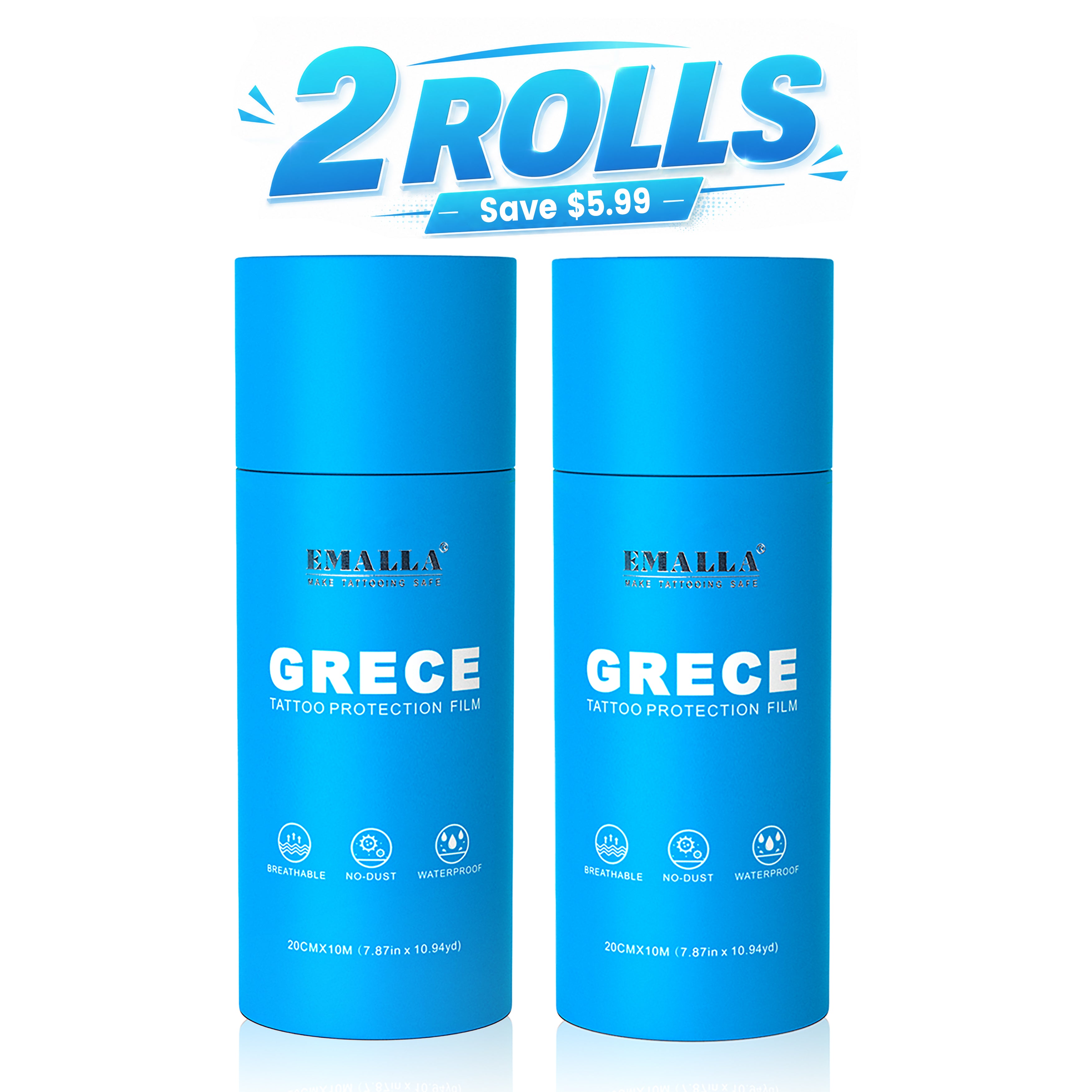 EMALLA GRECE tattoo protection film 2-roll pack, breathable waterproof tattoo aftercare bandage, 0.02mm, 20cm × 10m