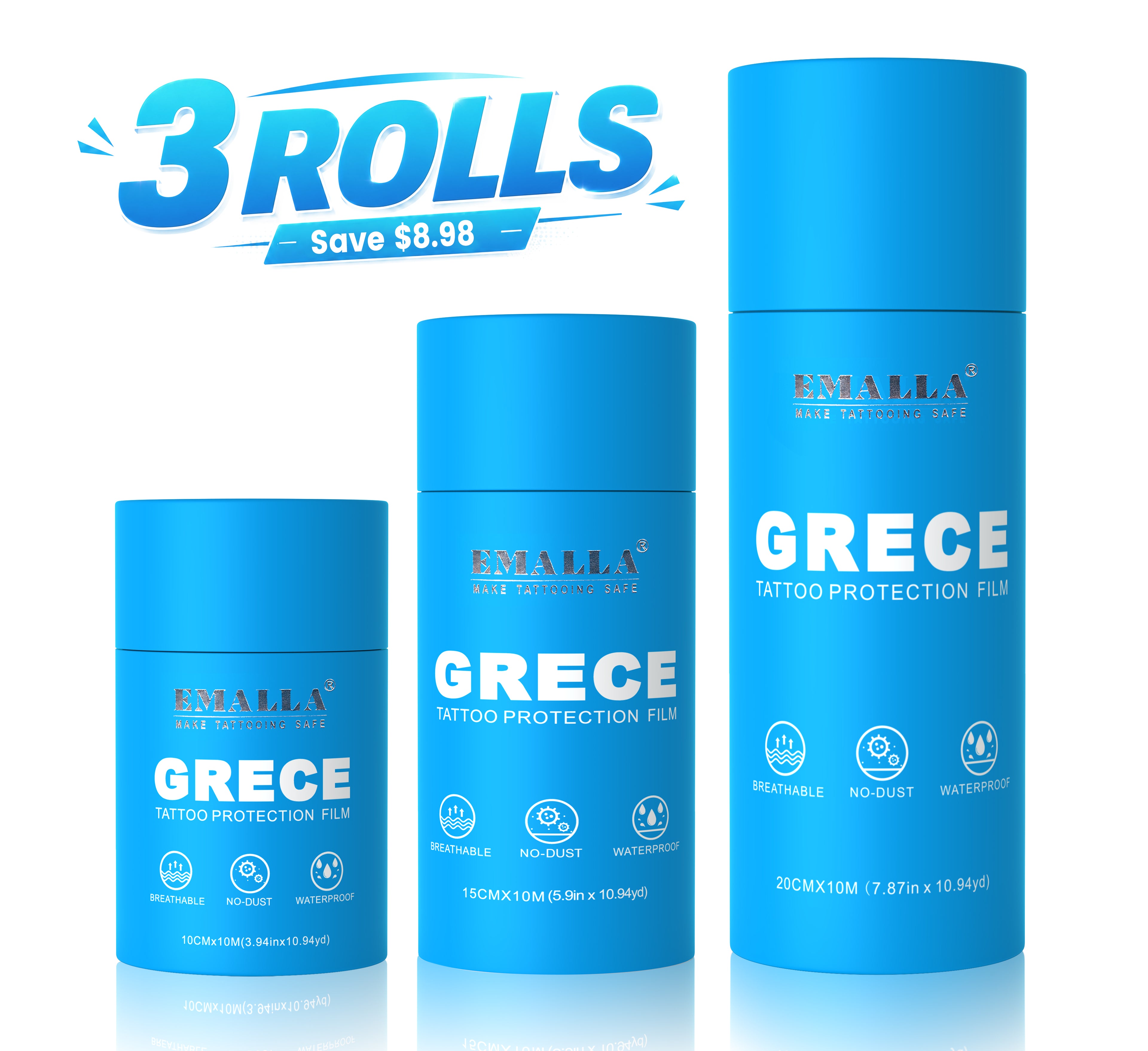 Three rolls of EMALLA GRECE tattoo protection film in blue packaging, showing different sizes (0.02mm, 10cm x 10m, 15cm x 10m, 20cm x 10m)