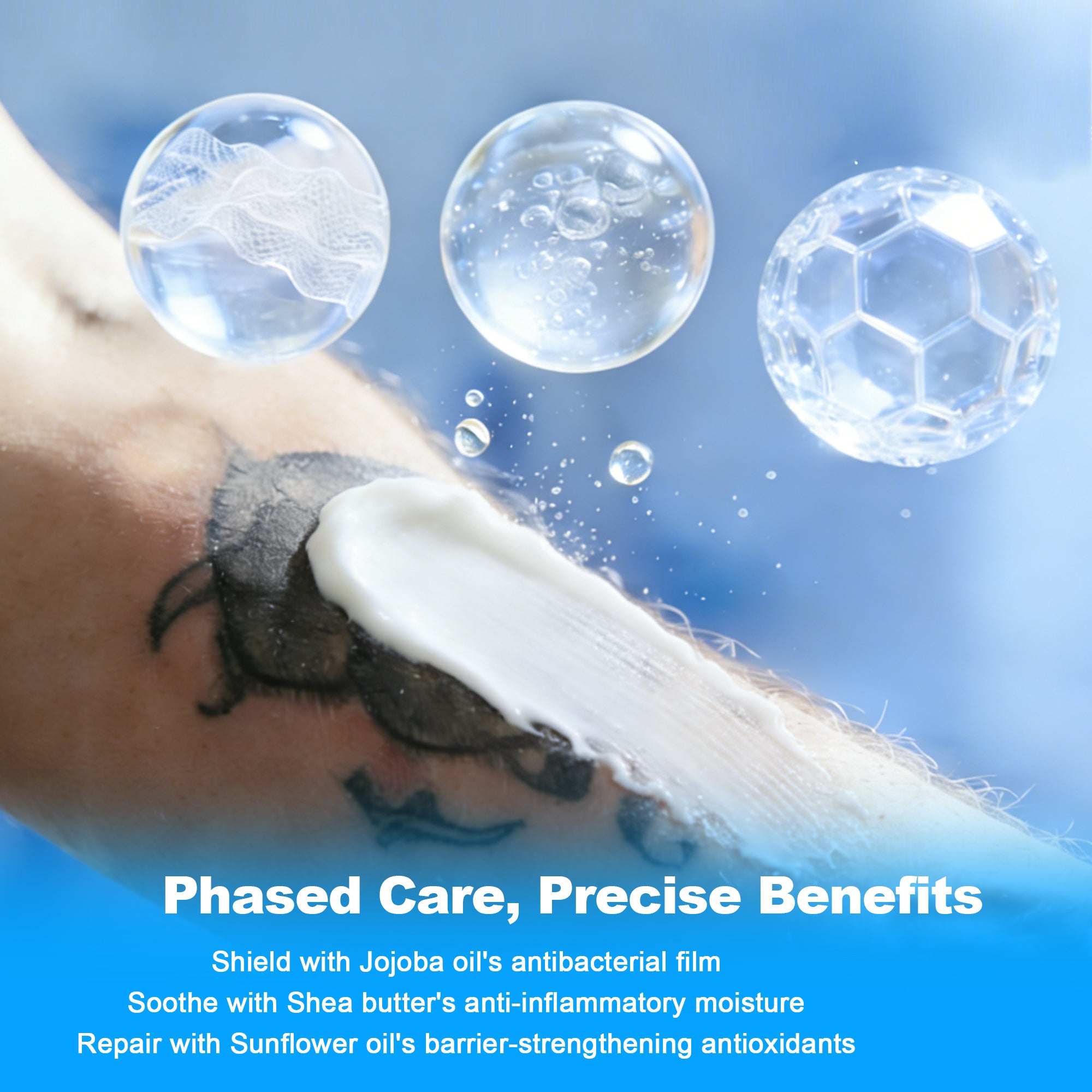 White tattoo aftercare cream applied to a fresh tattoo, illustrating soothing hydration and skin barrier repair with Jojoba Oil, Shea Butter, and Sunflower Oil