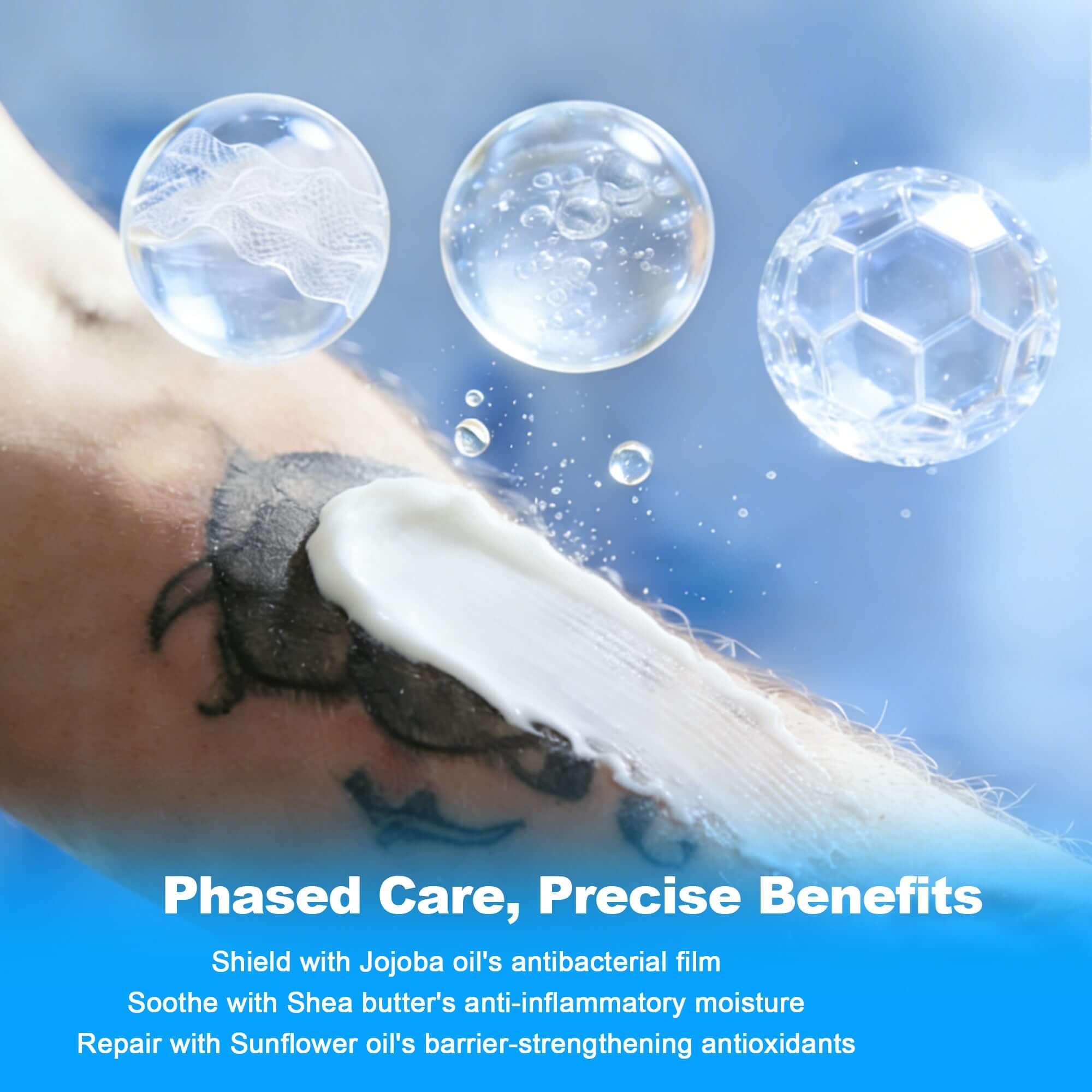 White tattoo aftercare cream applied to a fresh tattoo, illustrating soothing hydration and skin barrier repair with Jojoba Oil, Shea Butter, and Sunflower Oil