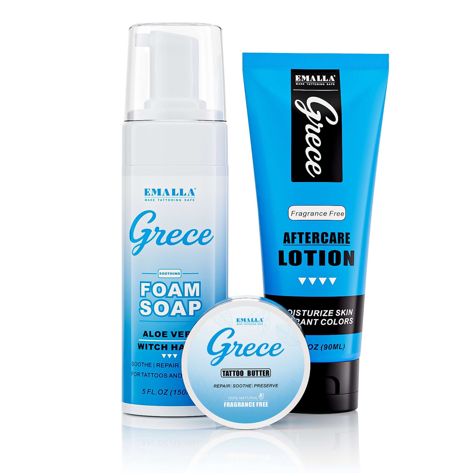 EMALLA Grece tattoo aftercare set with foam soap, tattoo butter and aftercare lotion for moisturizing and protecting tattooed skin